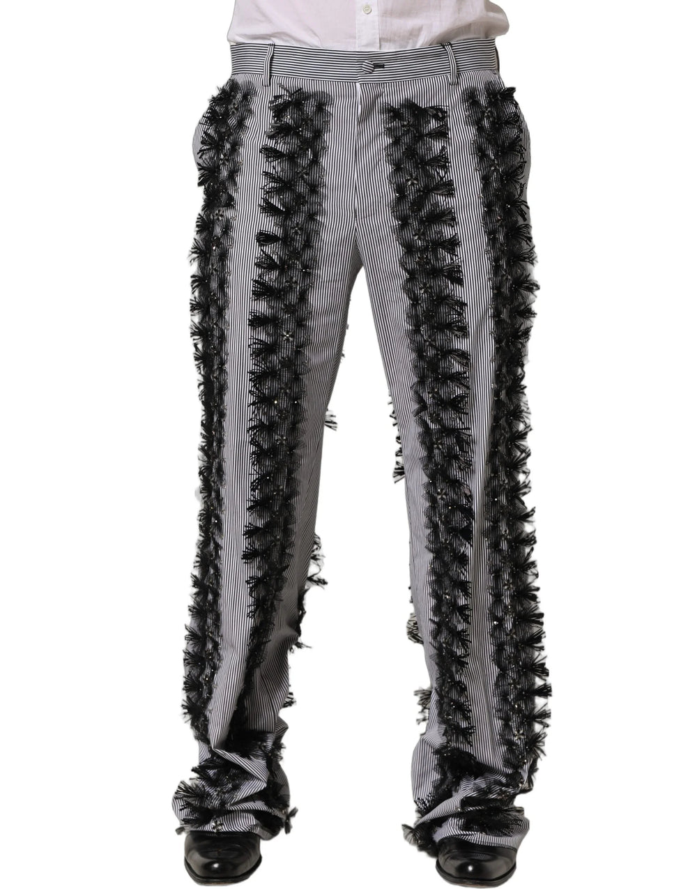 Dolce & Gabbana BlackGray Pinstripe Embellished Trouser Pants - IT48 | M