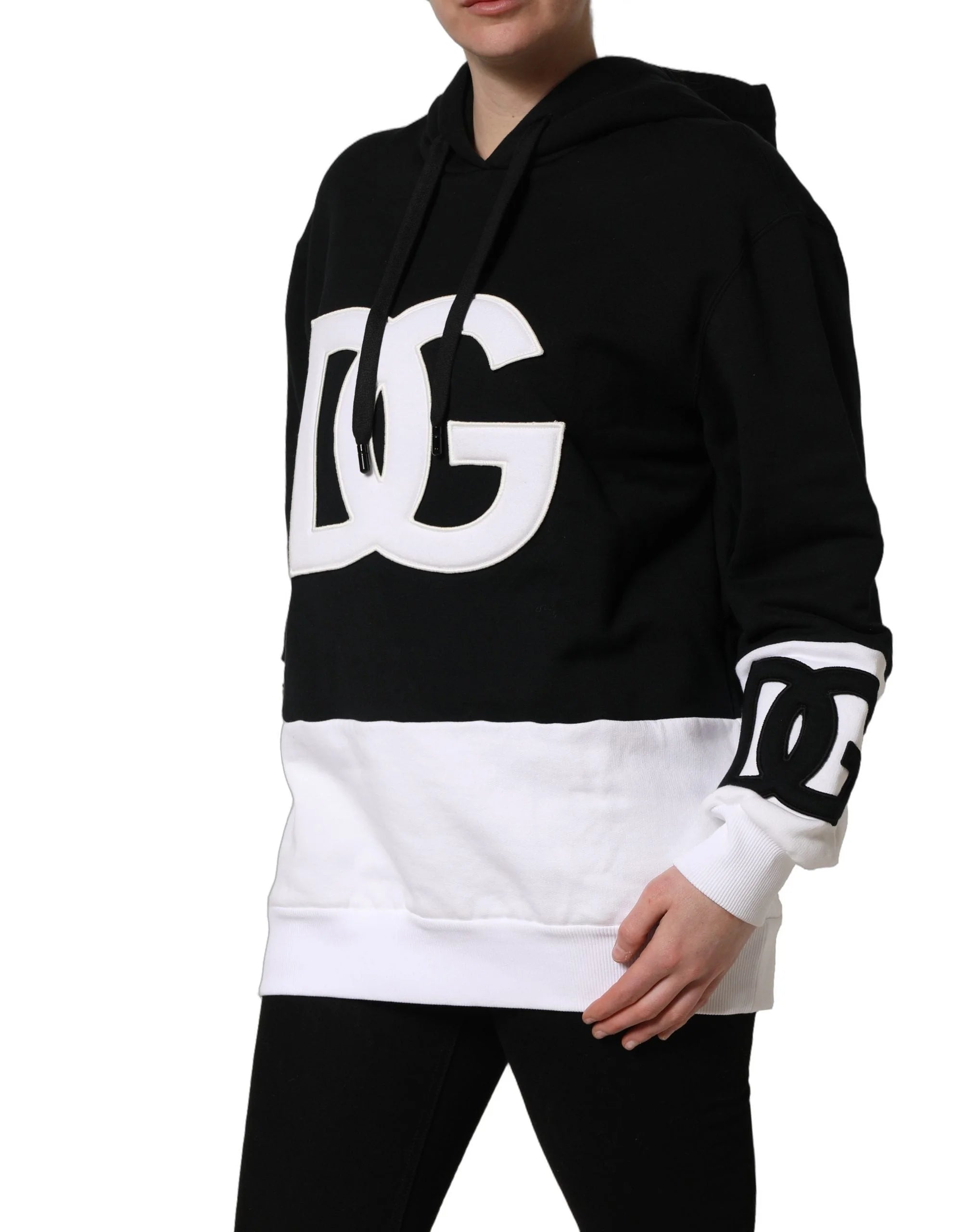 Dolce & Gabbana BlackWhite Appliqué Hooded Sweatshirt Sweater
