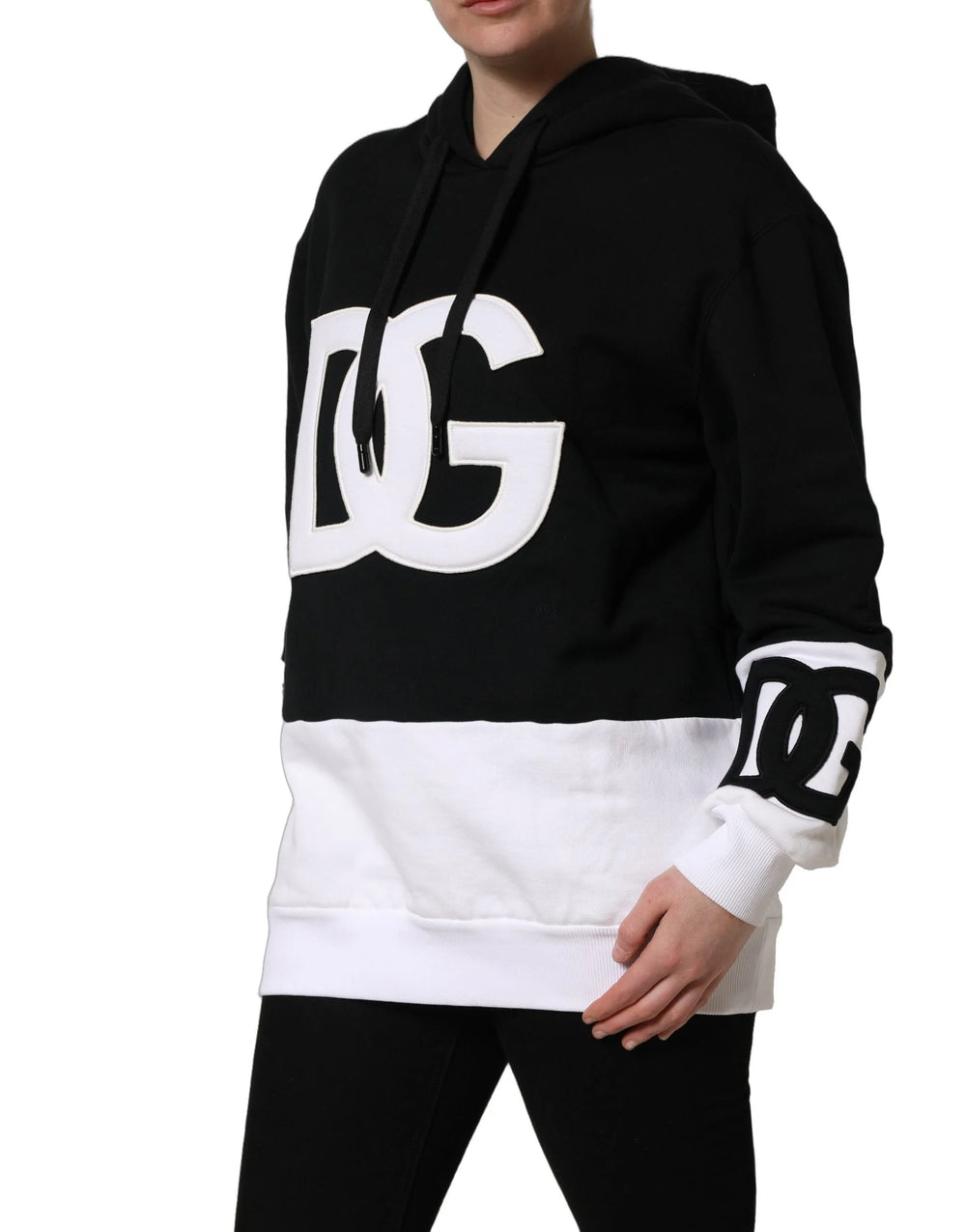 Dolce & Gabbana BlackWhite Appliqué Hooded Sweatshirt Sweater