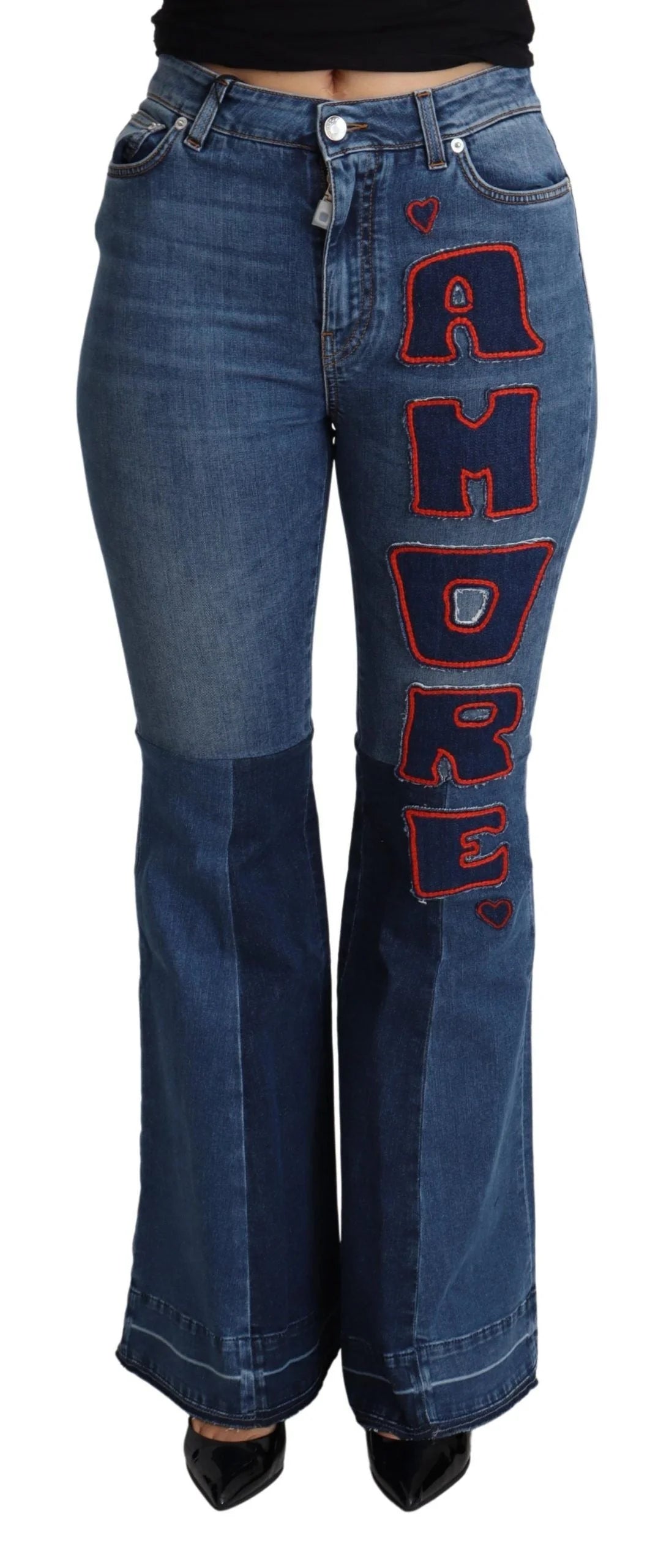 Dolce & Gabbana Blue Amore Patch Boot Cut Cotton Stretch Pant - Jeans