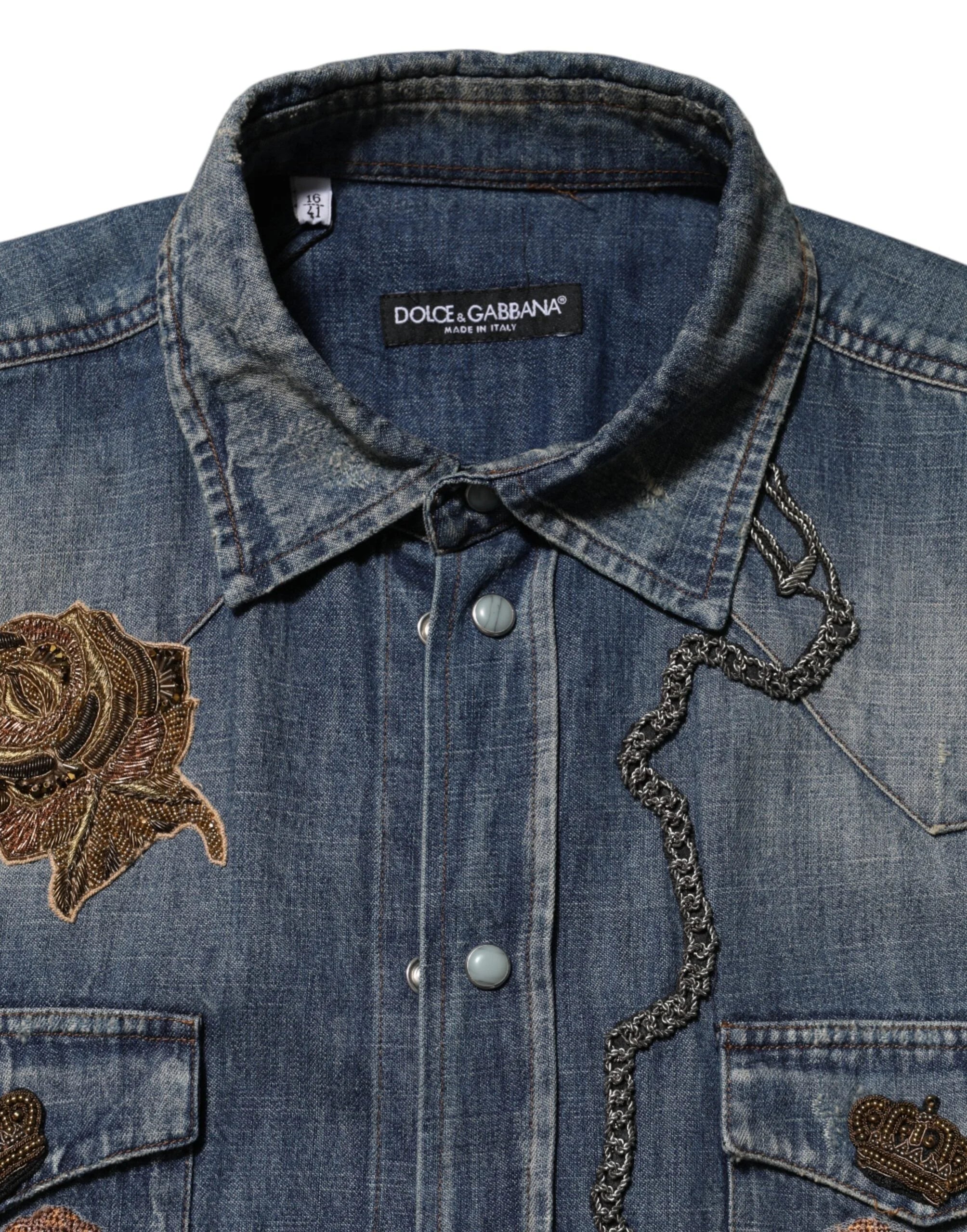 Dolce & Gabbana Blue Angel Patch Denim Buttoned Down Men Shirt - IT41 | L - Shirts
