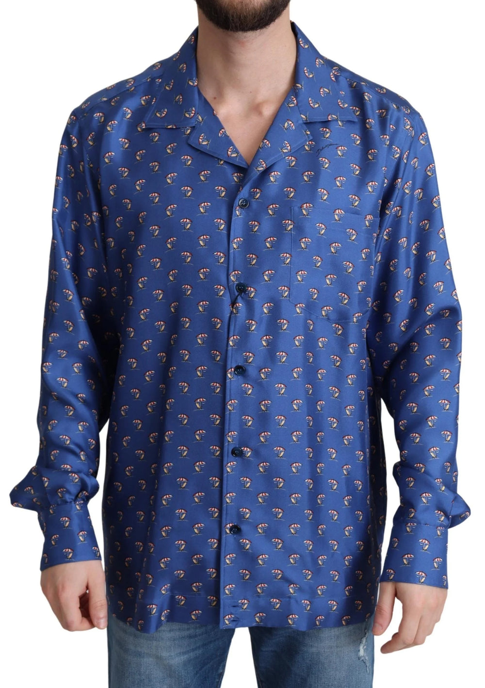 Dolce & Gabbana Blue Beach Chair Umbrella Print Silk Shirt - Shirts