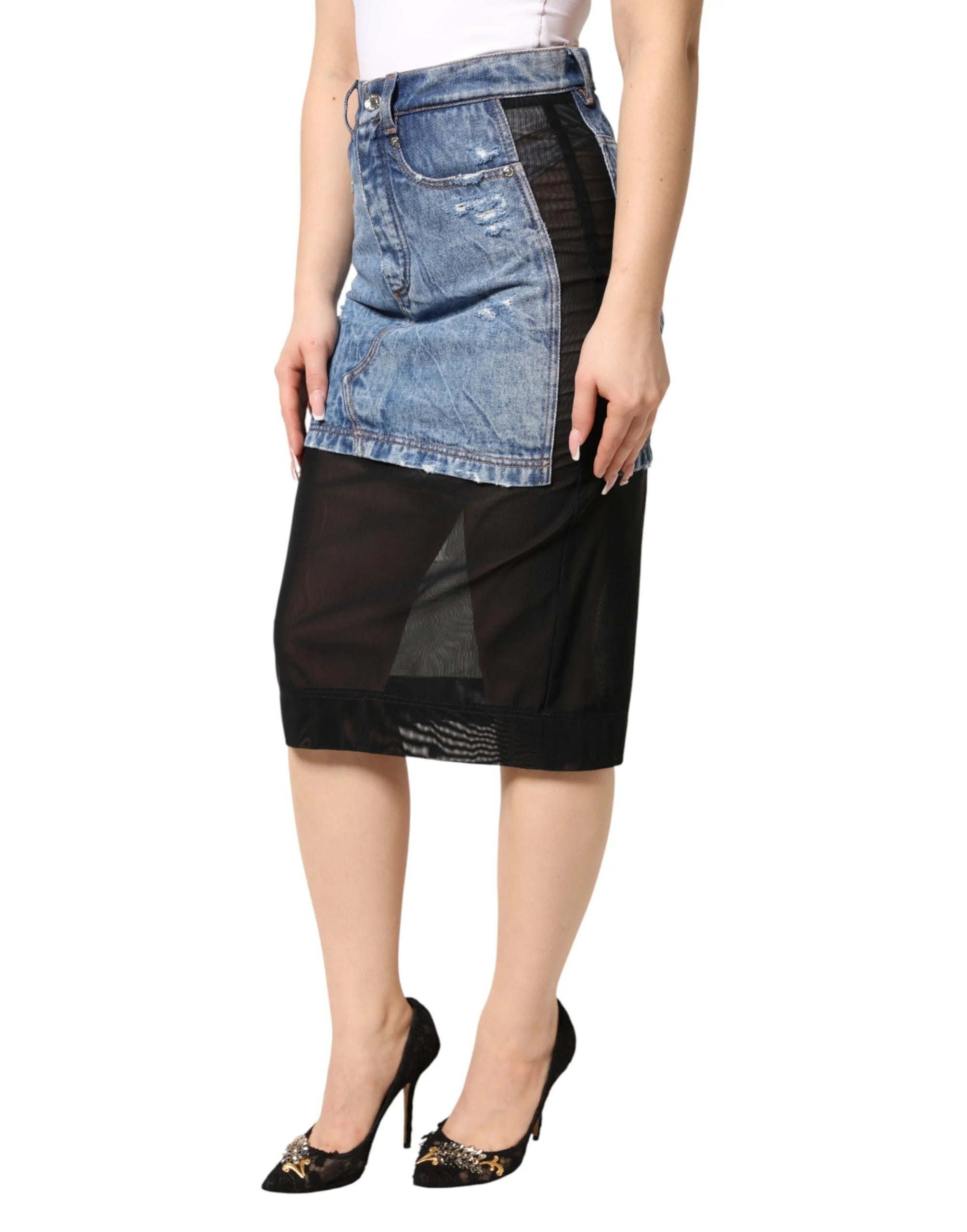 Dolce & Gabbana Blue Black Cotton Denim Sheer Midi Skirt - IT40|S