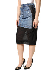 Dolce & Gabbana Blue Black Cotton Denim Sheer Midi Skirt - IT40|S