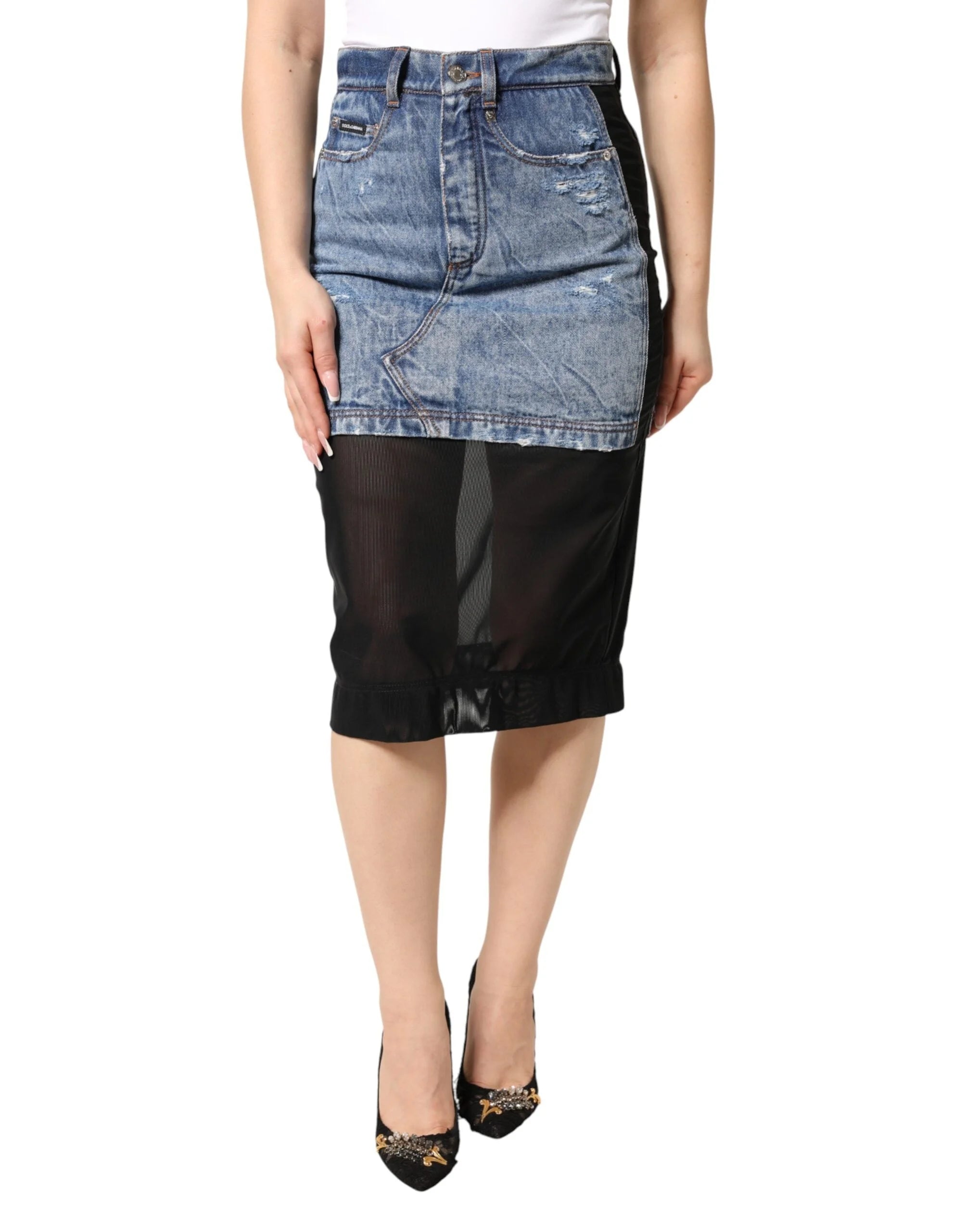Dolce & Gabbana Blue Black Cotton Denim Sheer Midi Skirt - IT40|S