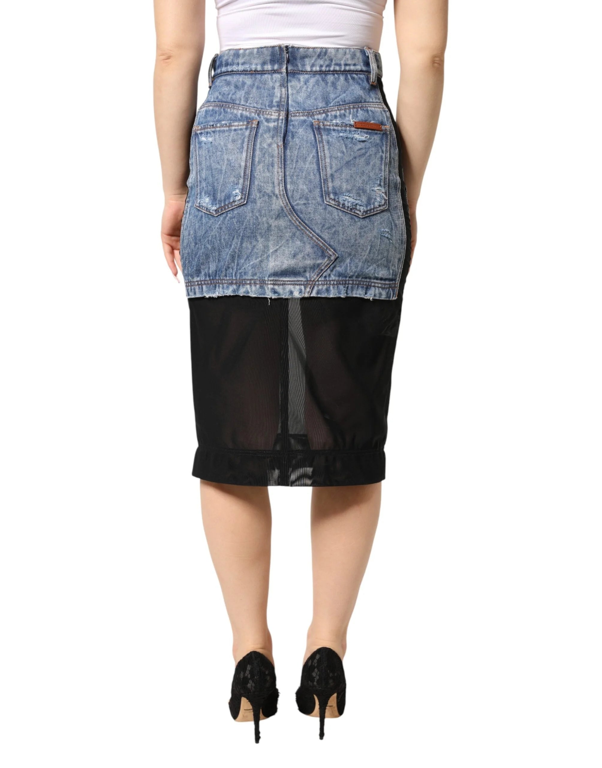 Dolce & Gabbana Blue Black Cotton Denim Sheer Midi Skirt - IT40|S