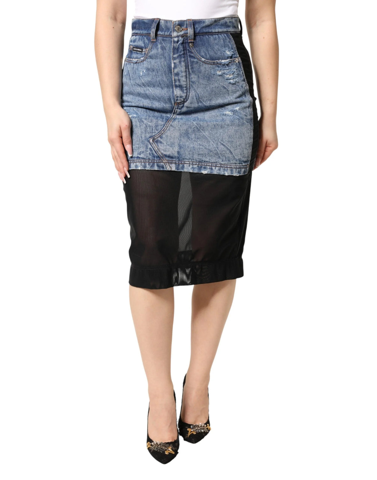 Dolce & Gabbana Blue Black Cotton Denim Sheer Midi Skirt - IT40|S