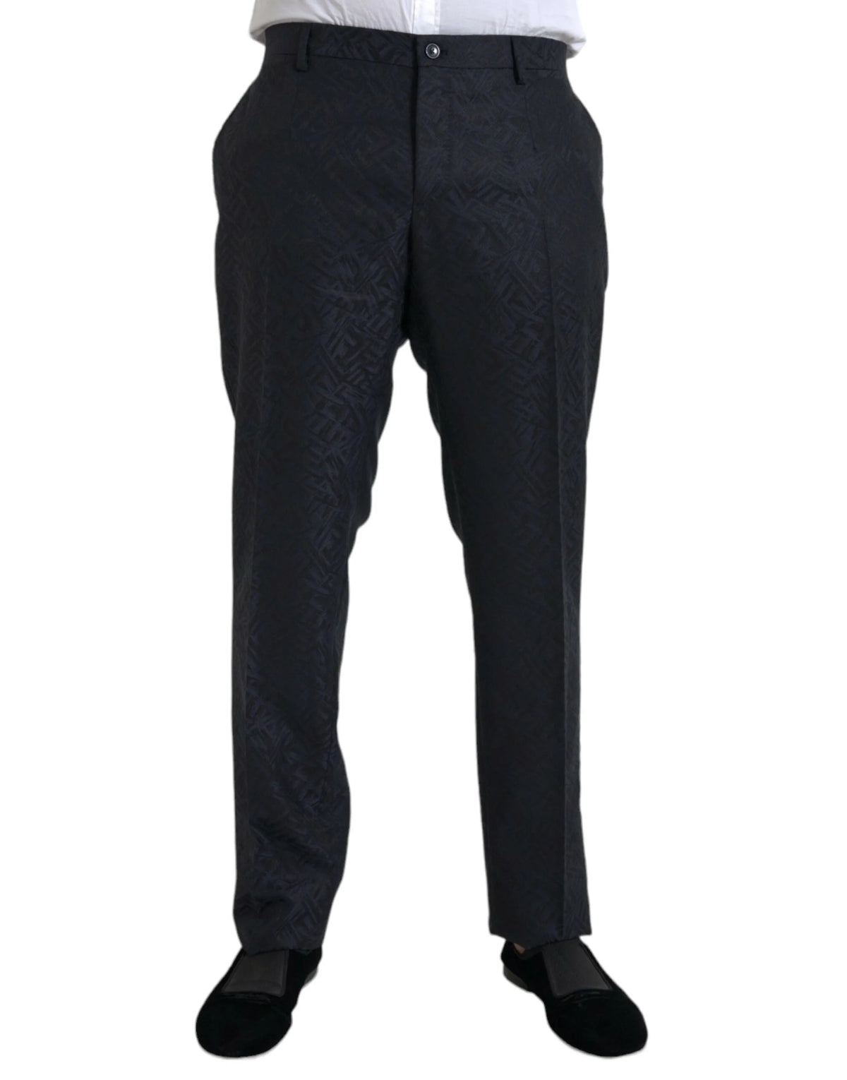 Dolce & Gabbana Blue Brocade Wool Skinny Men Dress Pants - IT56 | XXL - Trousers