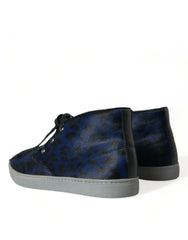 Dolce & Gabbana Blue Calfskin Leopard Mid Top Sneakers Shoes - Sneakers