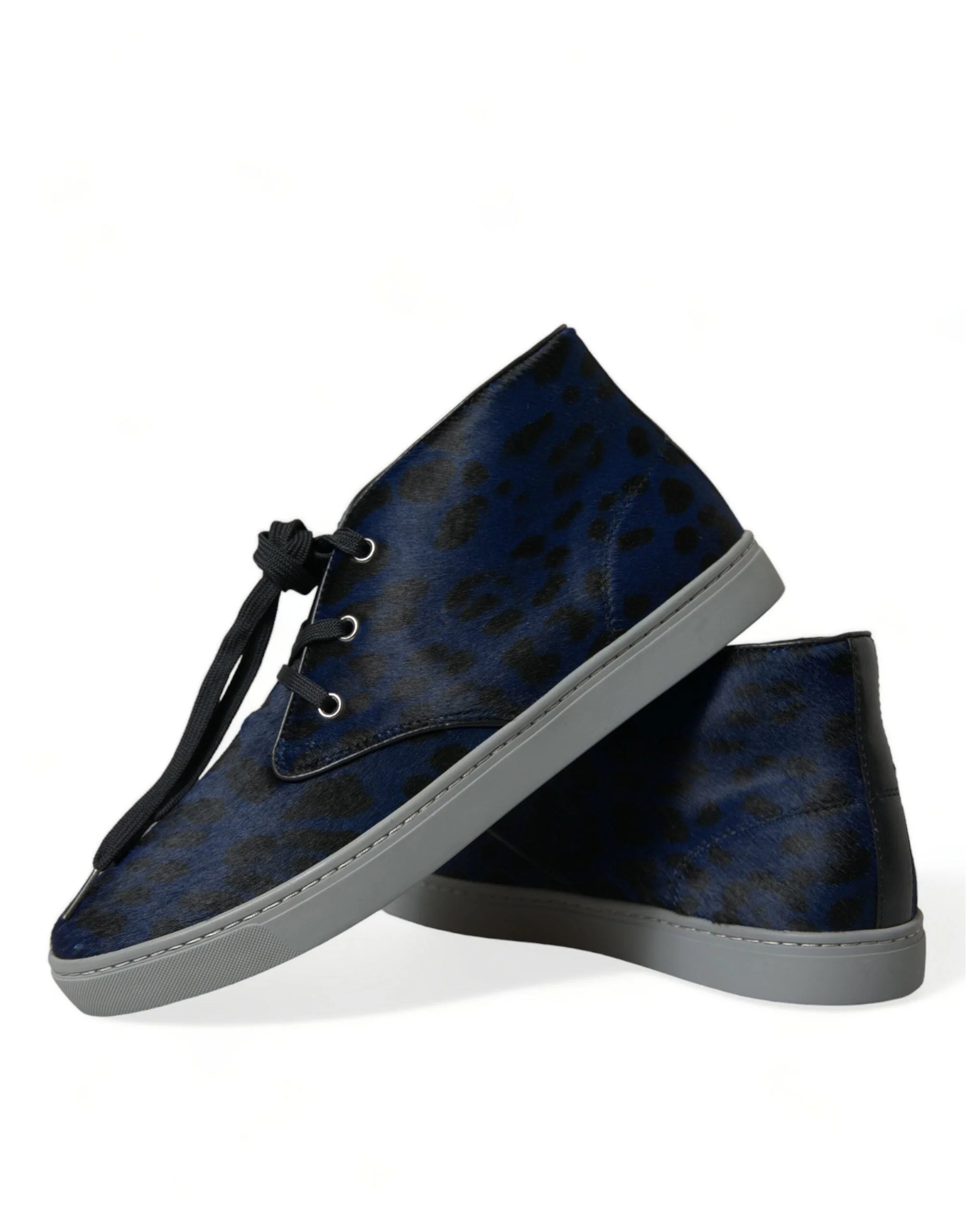 Dolce & Gabbana Blue Calfskin Leopard Mid Top Sneakers Shoes - Sneakers