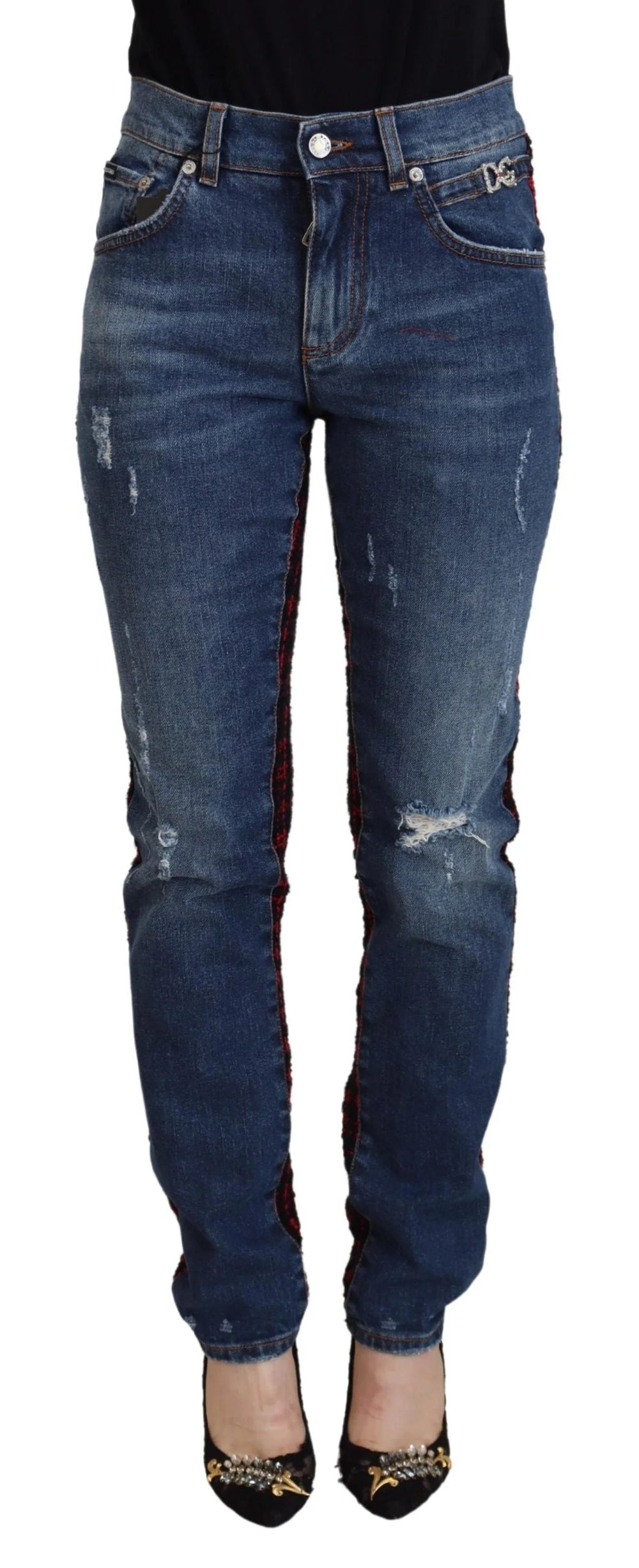 Dolce & Gabbana Blue Checkered Back Skinny Denim Jeans - Jeans