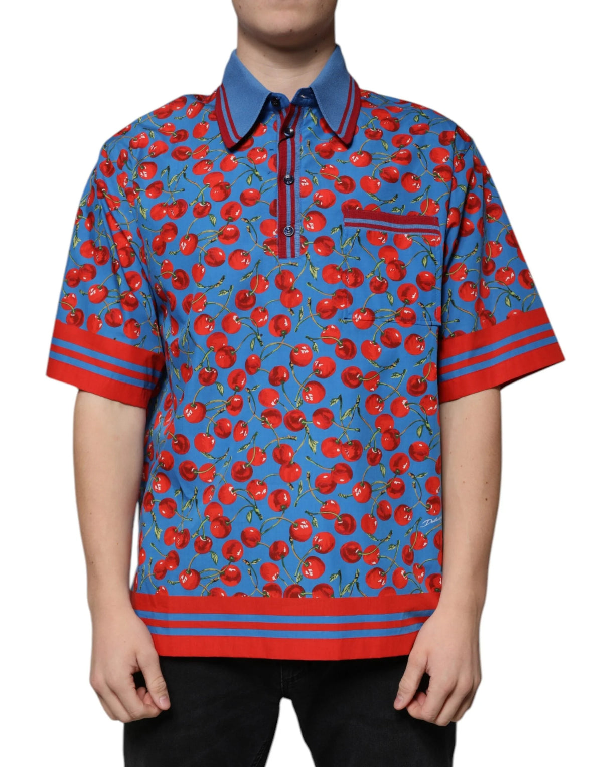 Dolce & Gabbana Blue Cherry Cotton Collared Men Polo T-shirt - IT48 | M - Polos