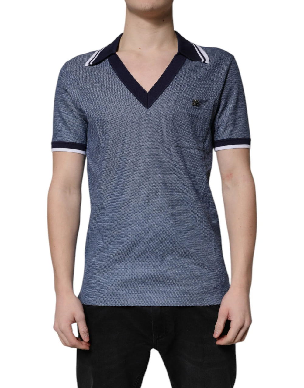Dolce & Gabbana Blue Collared V-neck Silk Blend Polo T-shirt - IT48 | M