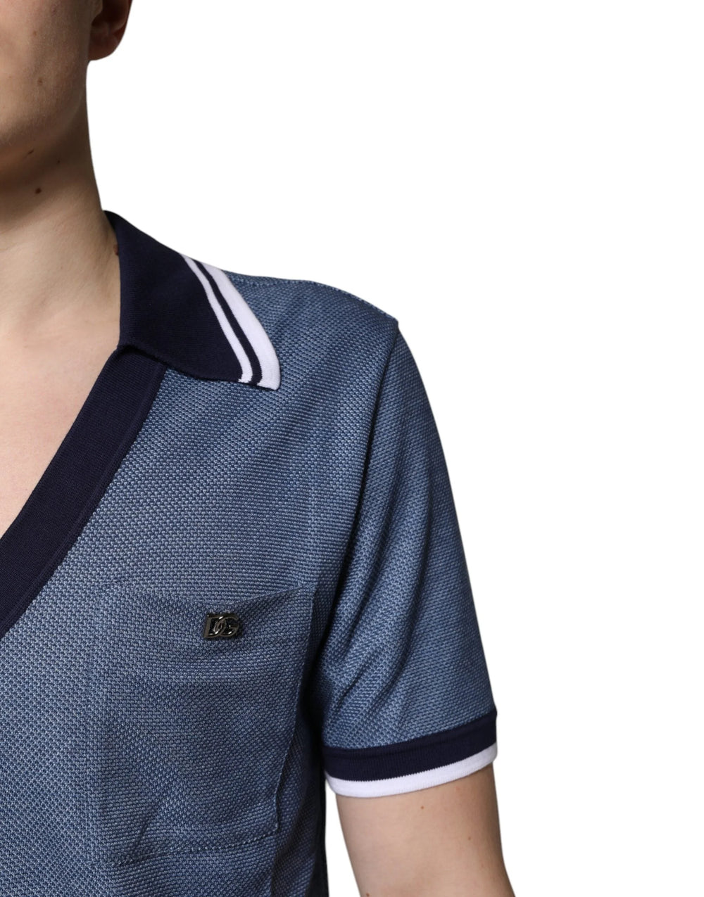 Dolce & Gabbana Blue Collared V-neck Silk Blend Polo T-shirt - IT48 | M - Polos