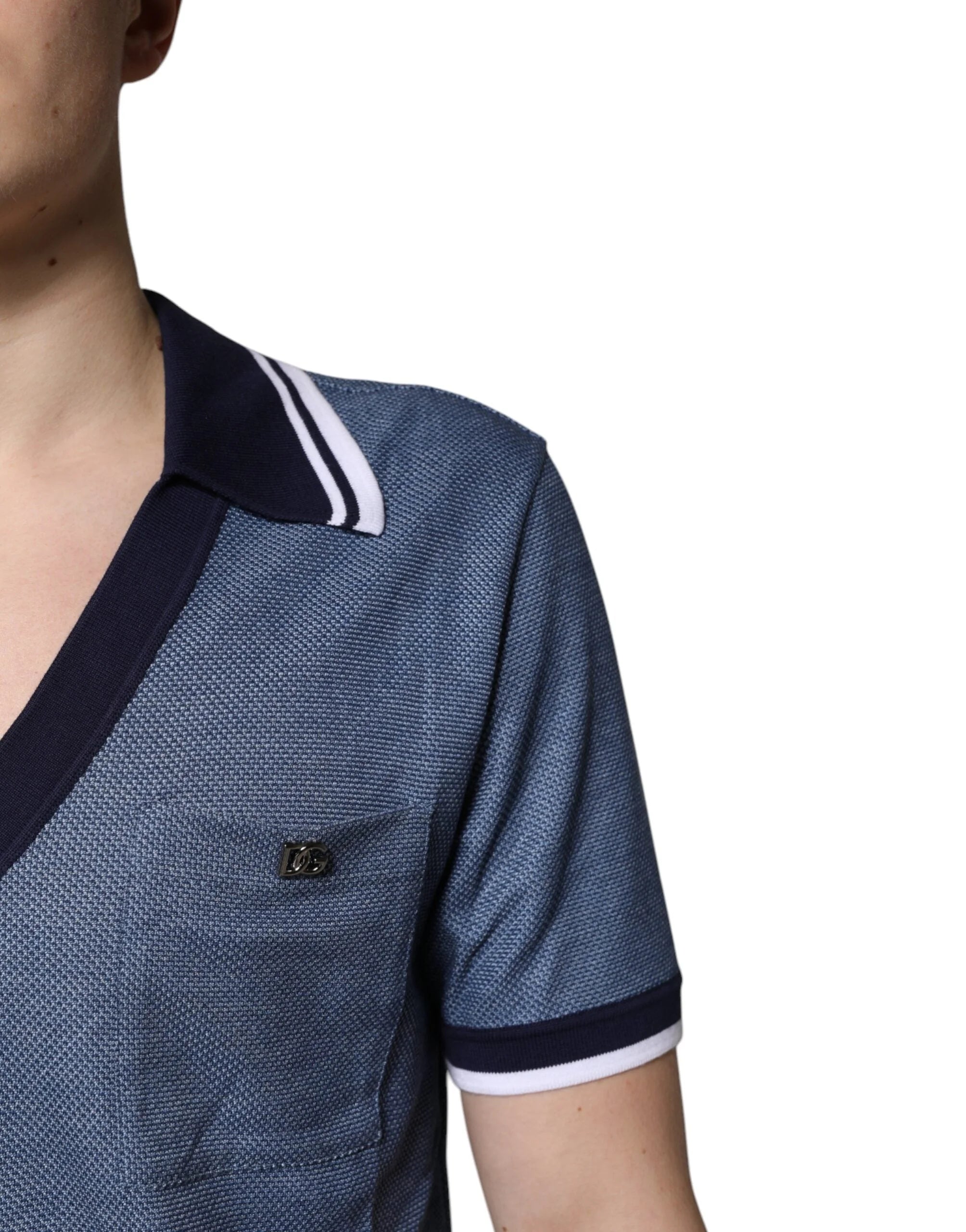 Dolce & Gabbana Blue Collared V-neck Silk Blend Polo T-shirt - IT48 | M