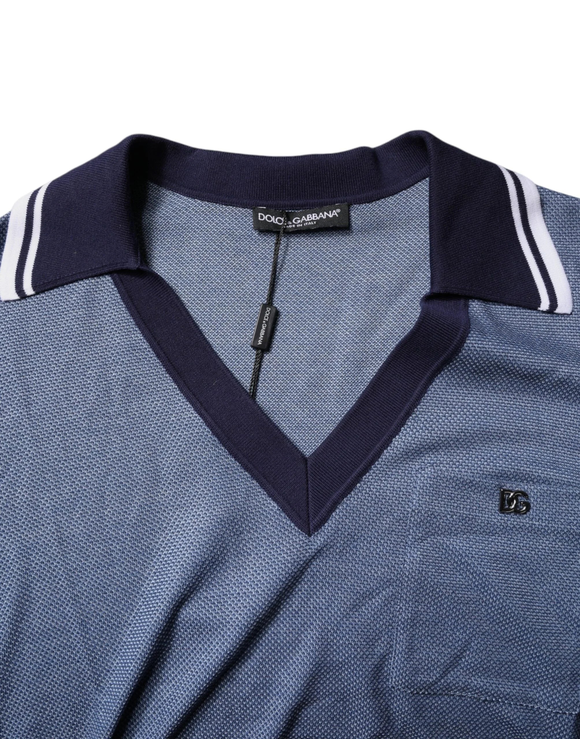 Dolce & Gabbana Blue Collared V-neck Silk Blend Polo T-shirt - IT48 | M