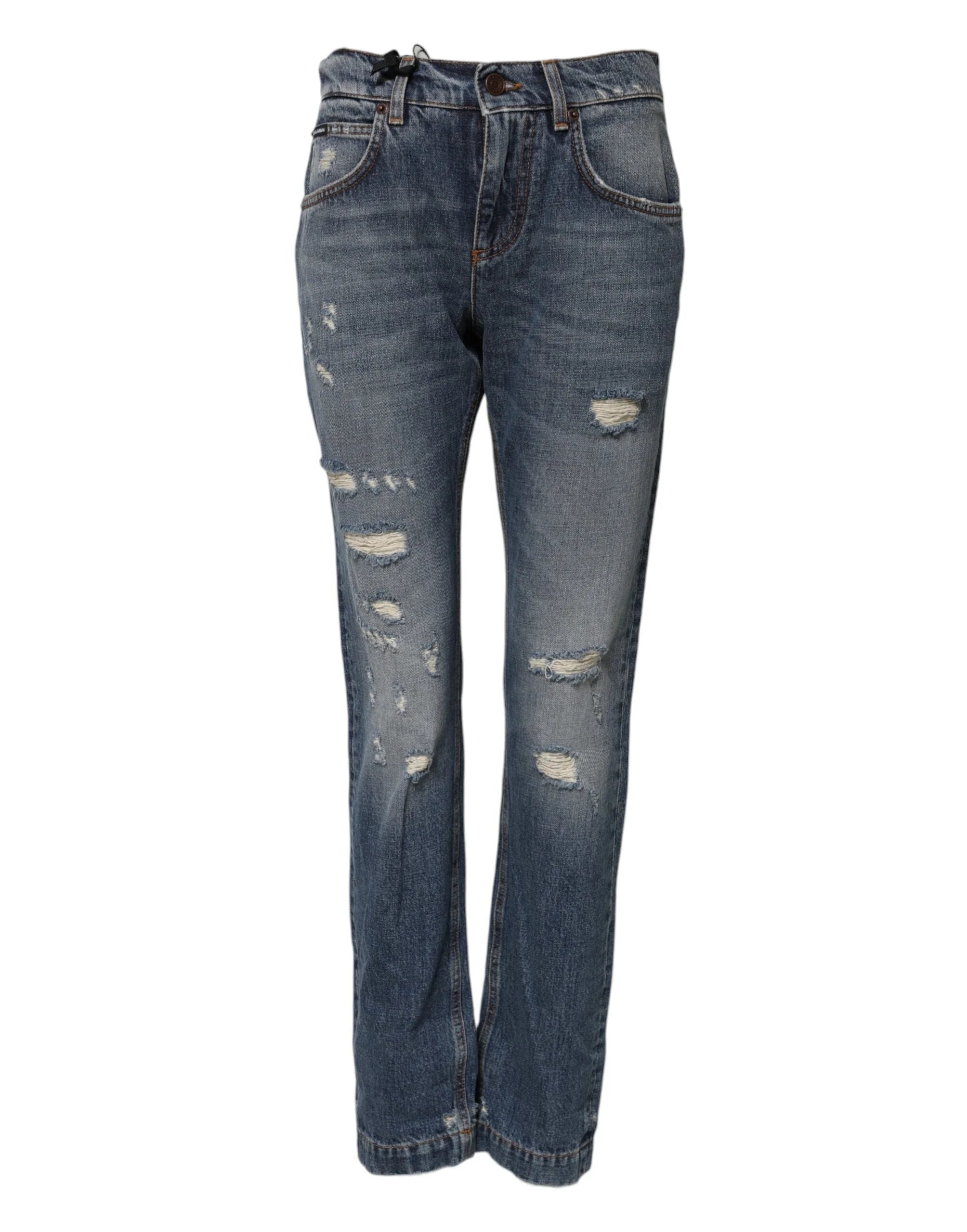 Dolce & Gabbana Blue Cotton Boyfriend Tattered Denim Jeans - IT36|XXS