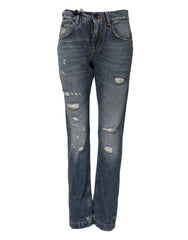 Dolce & Gabbana Blue Cotton Boyfriend Tattered Denim Jeans - IT36|XXS