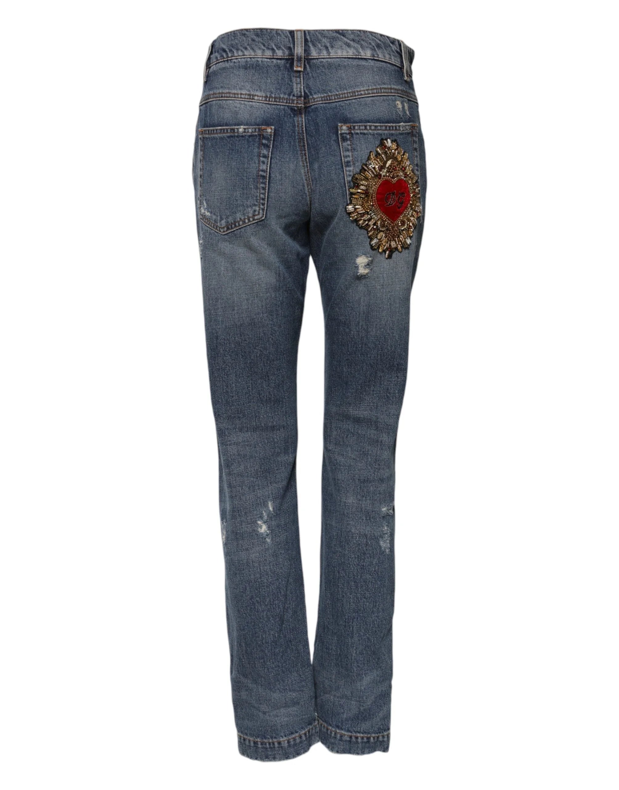 Dolce & Gabbana Blue Cotton Boyfriend Tattered Denim Jeans - IT36|XXS
