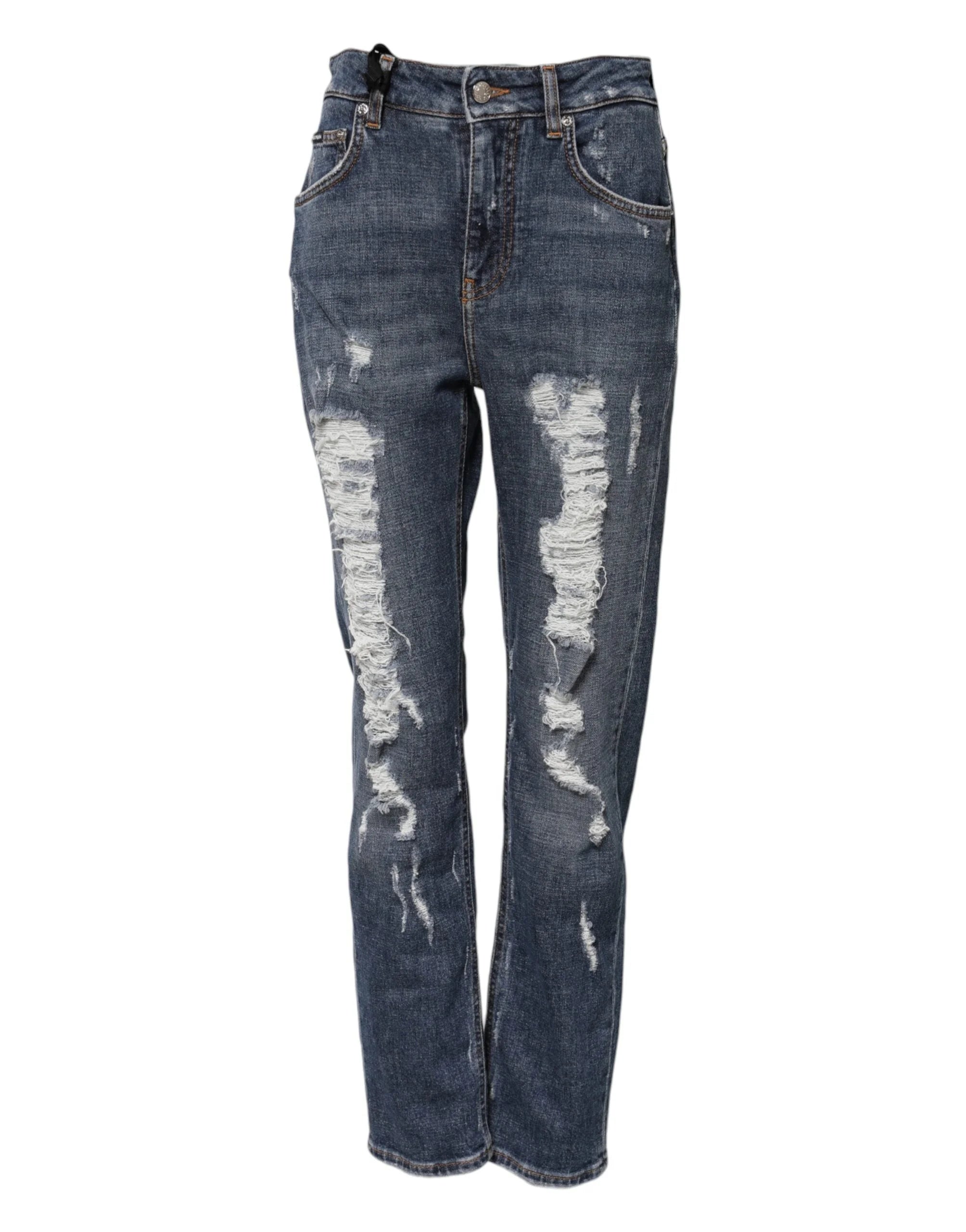 Dolce & Gabbana Blue Cotton Boyfriend Tattered Denim Jeans - IT38 | XS - Jeans