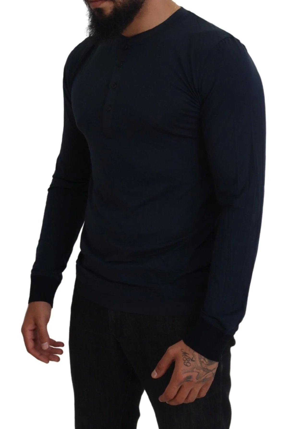 Dolce & Gabbana Blue Cotton Button Crewneck Pullover Sweater - IT46 | S - Sweaters