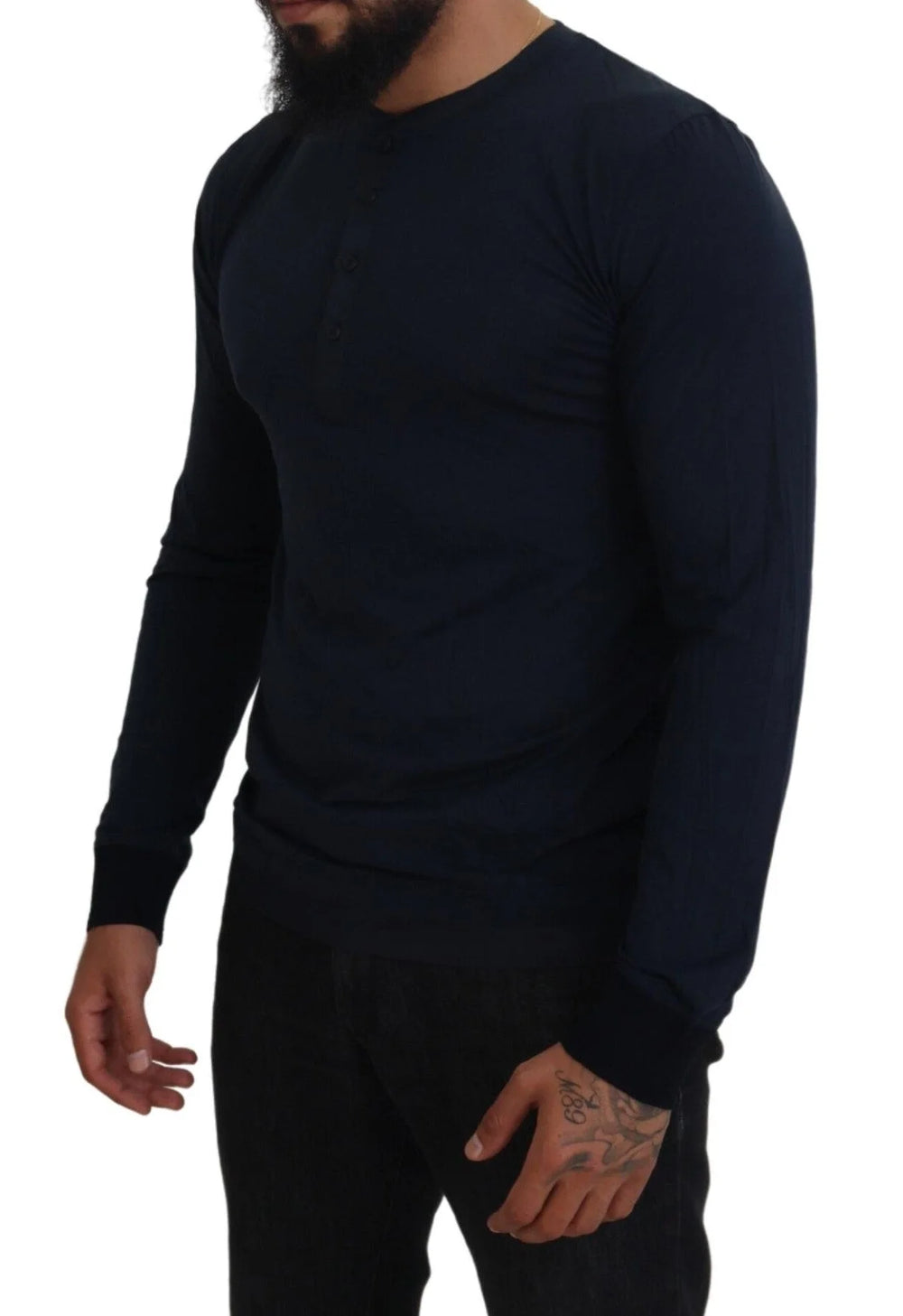Dolce & Gabbana Blue Cotton Button Crewneck Pullover Sweater - IT46 | S - Sweaters
