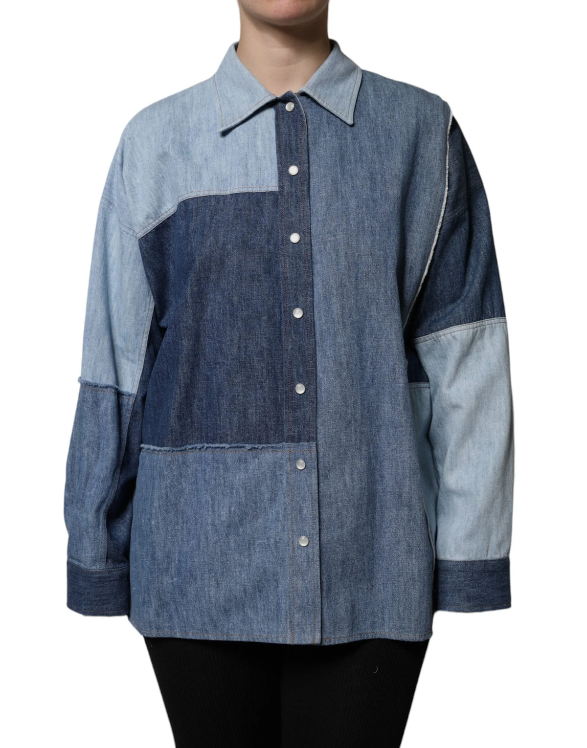 Dolce & Gabbana Blue Cotton Button Up Collared Long Sleeve Top - Polos