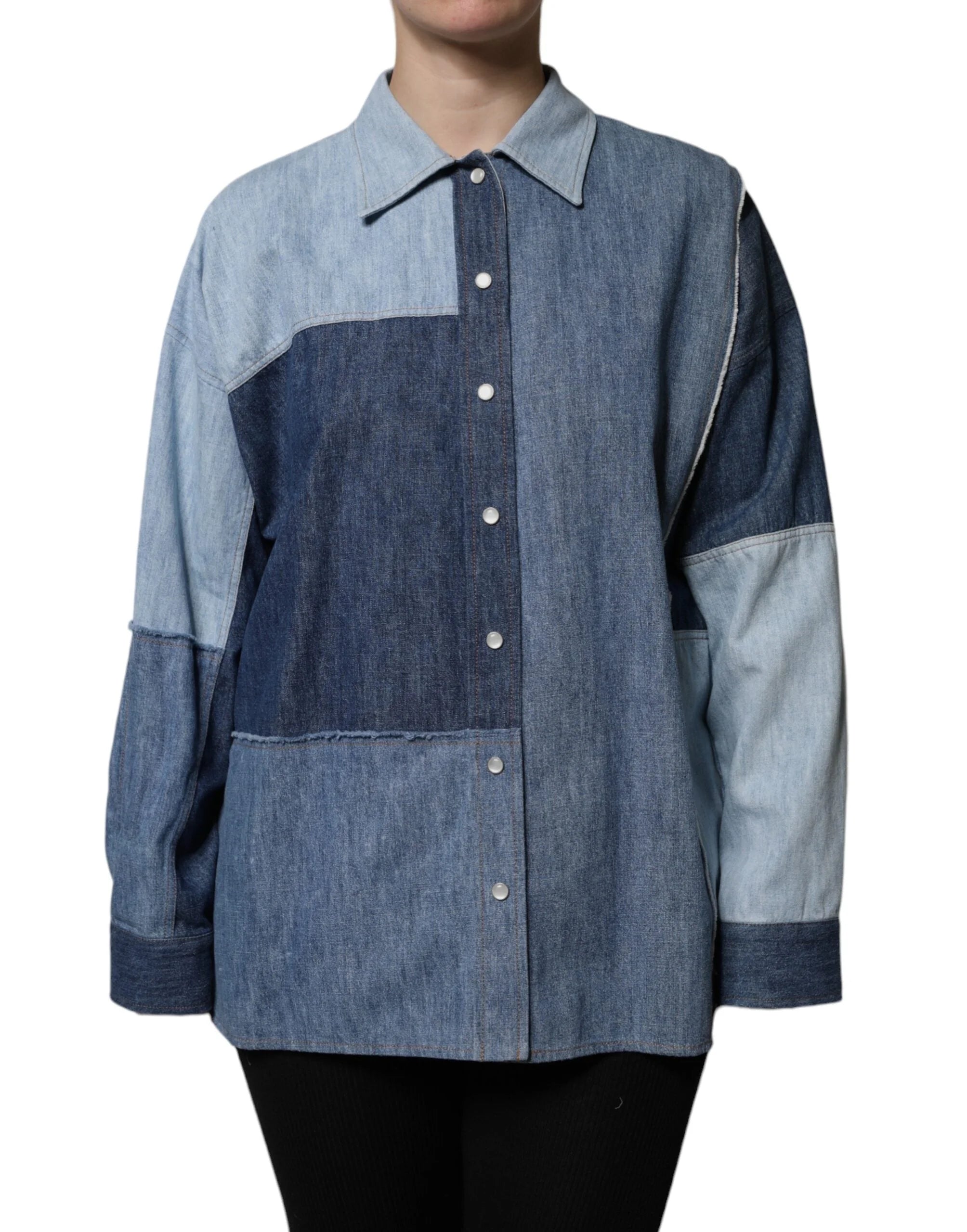 Dolce & Gabbana Blue Cotton Button Up Collared Long Sleeve Top - Polos