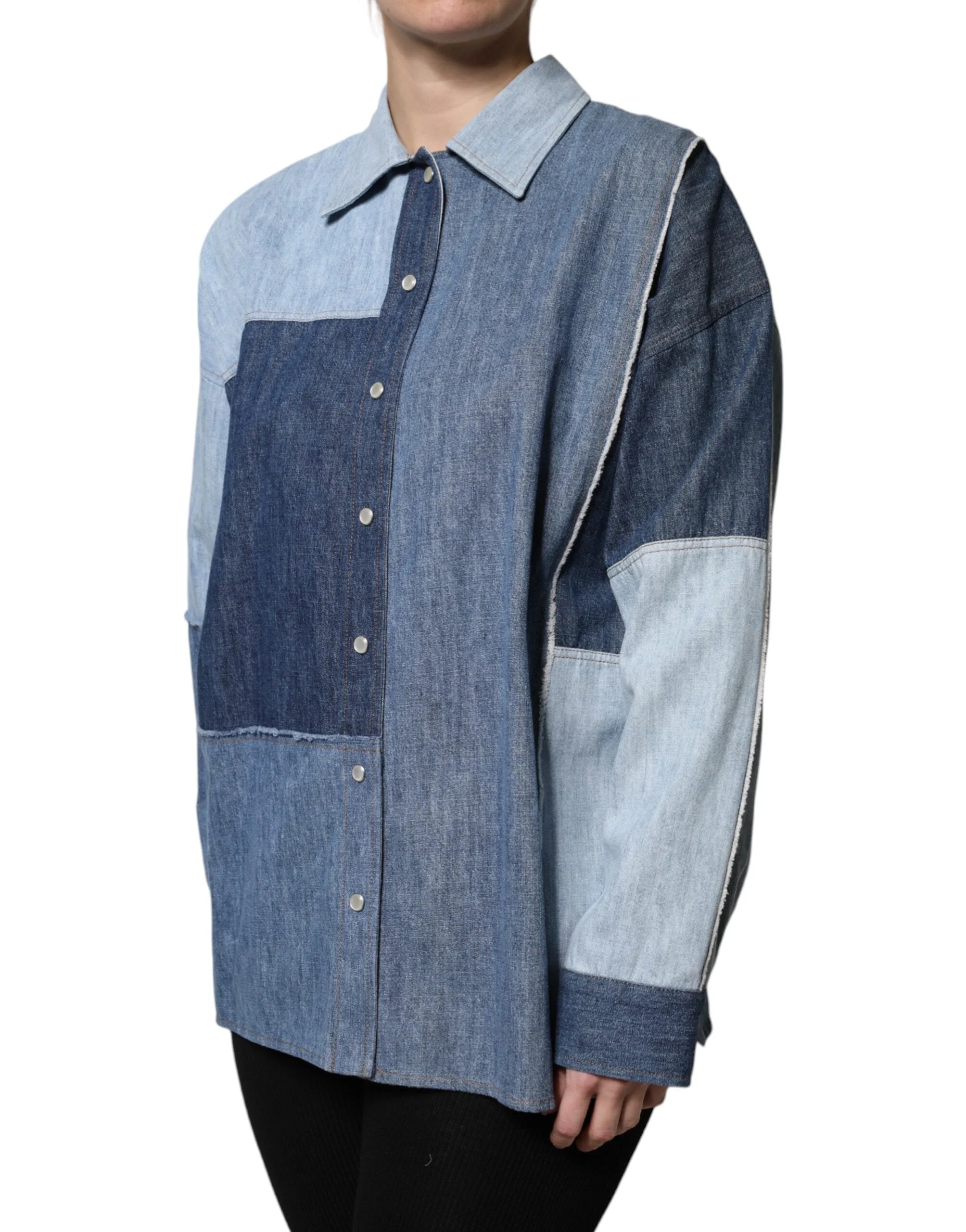 Dolce & Gabbana Blue Cotton Button Up Collared Long Sleeve Top - Polos