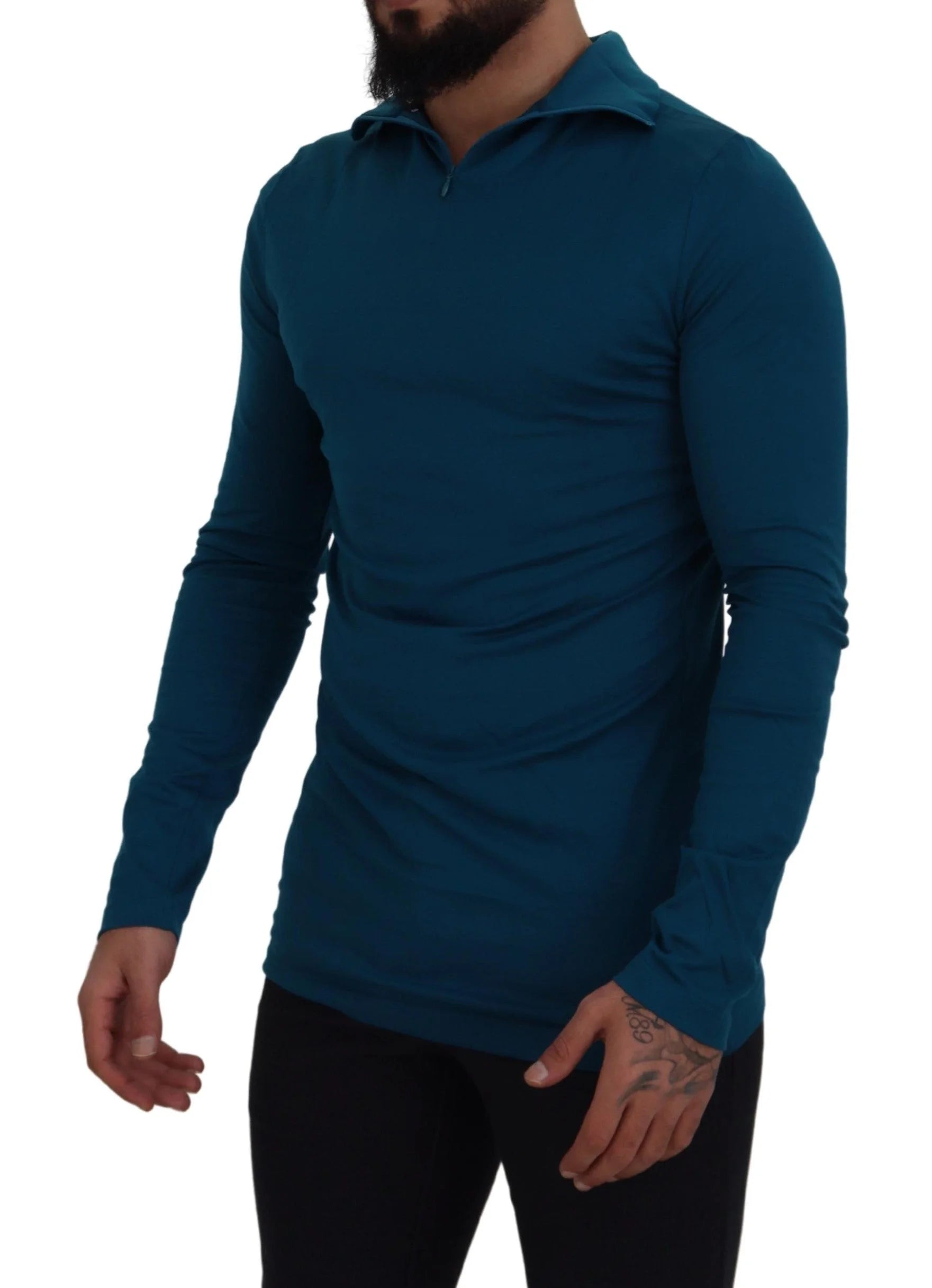 Dolce & Gabbana Blue Cotton Collared Slim Pullover Sweater - Sweaters