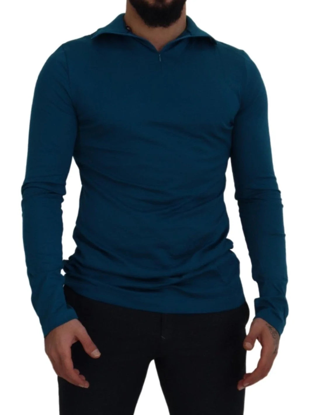 Dolce & Gabbana Blue Cotton Collared Slim Pullover Sweater - Sweaters