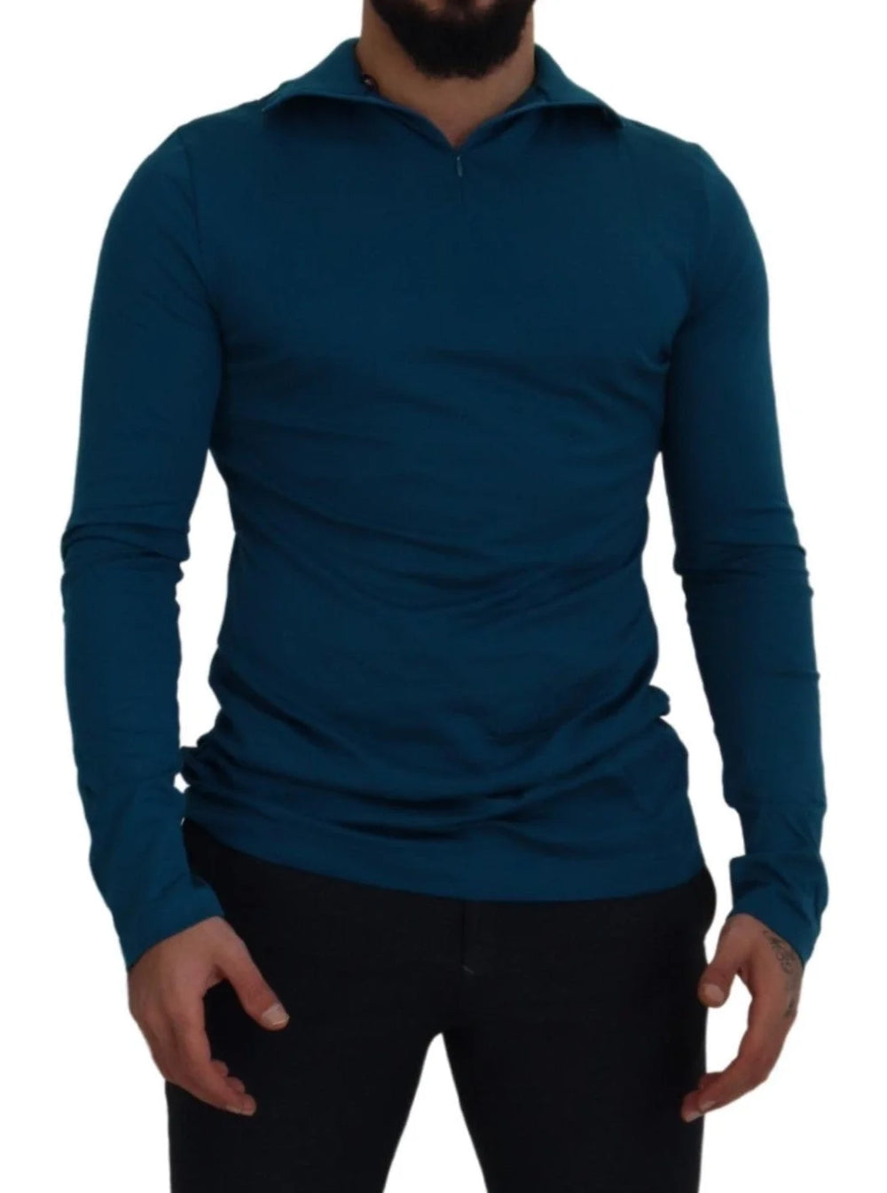 Dolce & Gabbana Blue Cotton Collared Slim Pullover Sweater - Sweaters