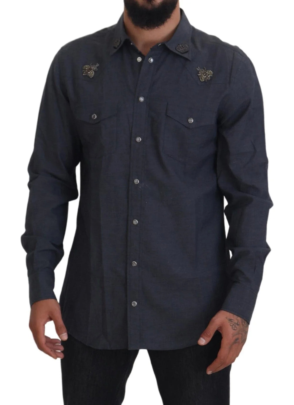 Dolce & Gabbana Blue Cotton Denim Crystal Bee Shirt - Shirts