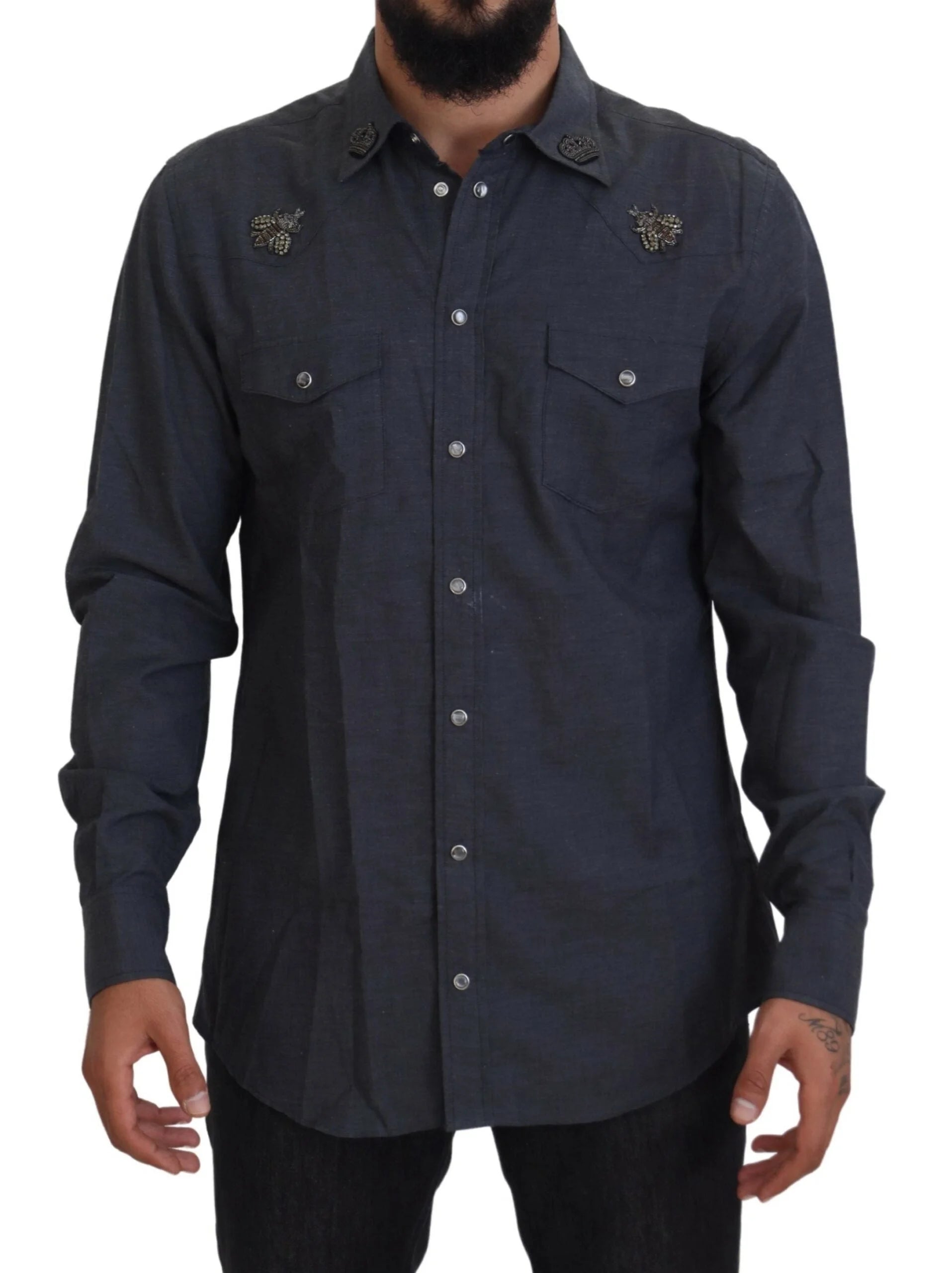 Dolce & Gabbana Blue Cotton Denim Crystal Bee Shirt - Shirts