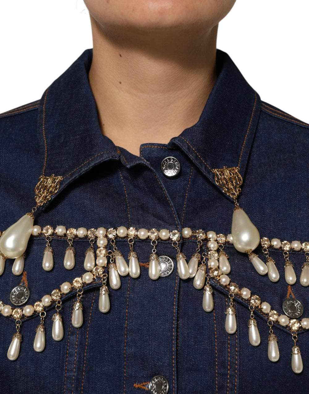 Dolce & Gabbana Blue Cotton Denim Crystal Embellished Jacket - Trucker Jackets