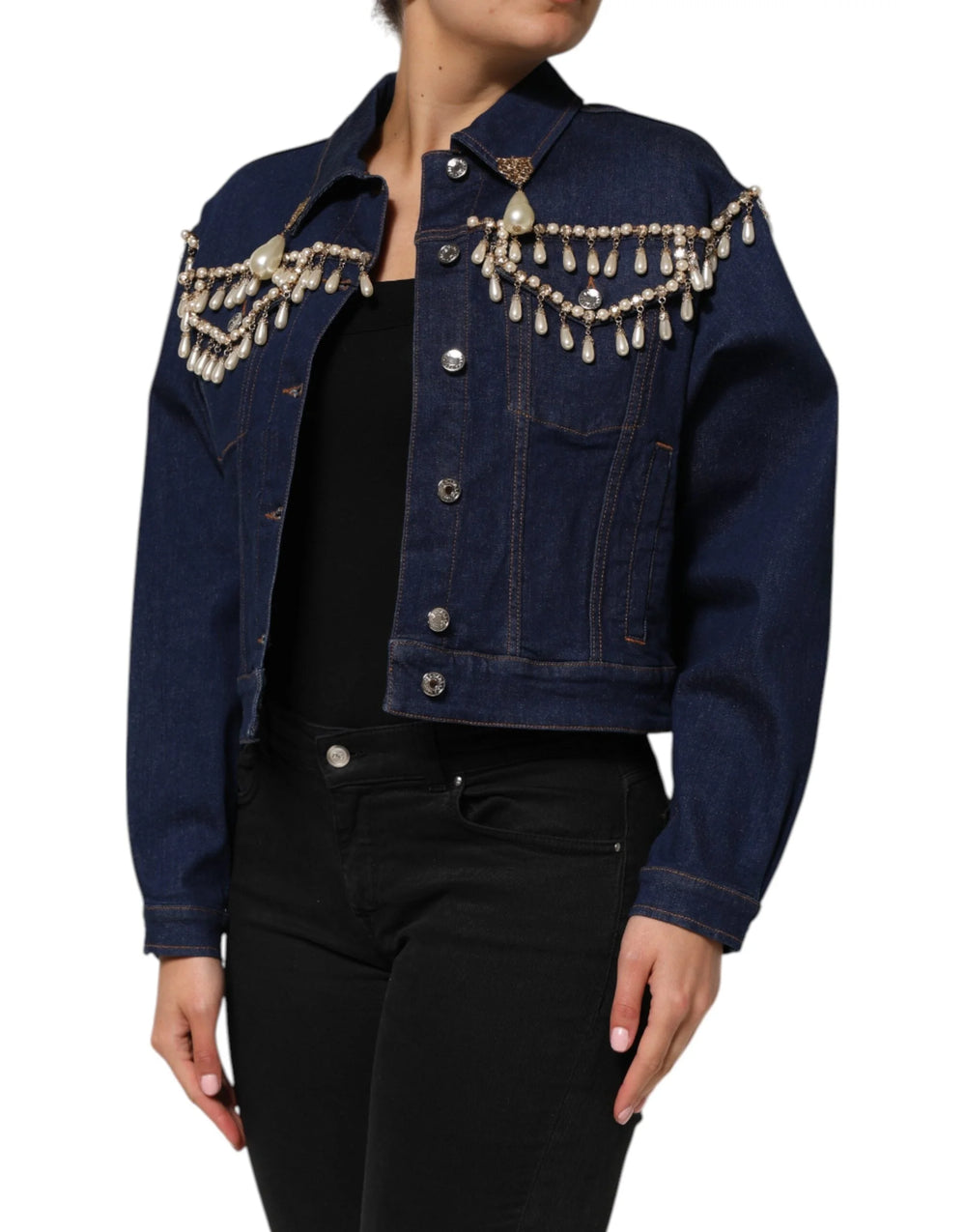 Dolce & Gabbana Blue Cotton Denim Crystal Embellished Jacket - Trucker Jackets