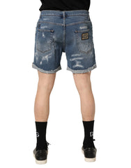 Dolce & Gabbana Modré bavlněné bermudy s potrhaným vzhledem - IT50 | L