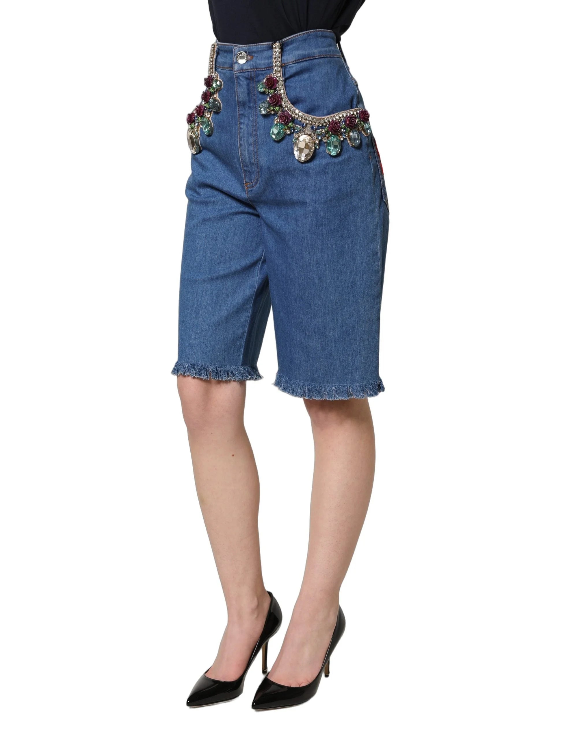 Dolce & Gabbana Blue Cotton Embellished BermudaDenim Shorts - IT36|XXS