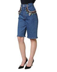 Dolce & Gabbana Blue Cotton Embellished BermudaDenim Shorts - IT36|XXS