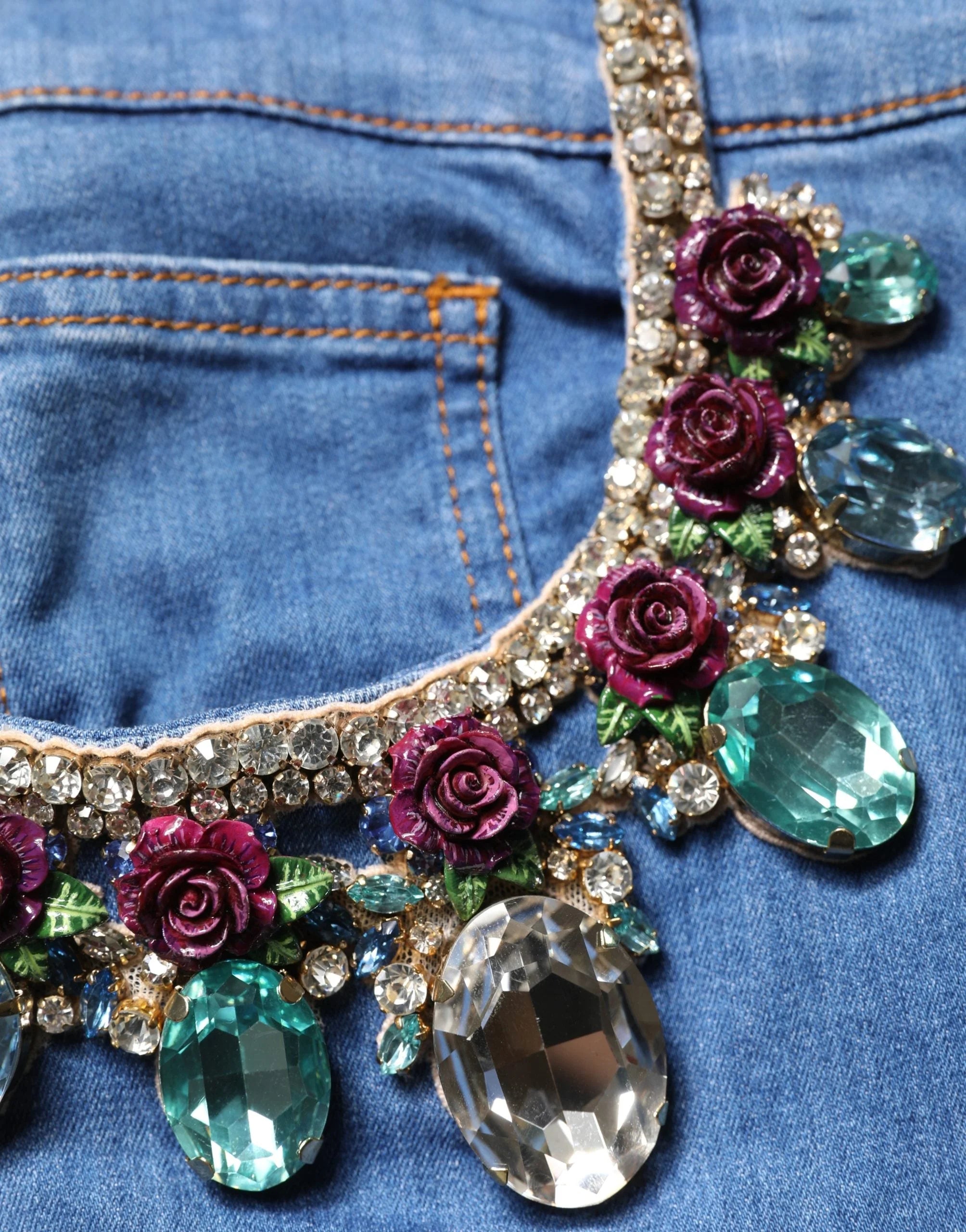 Dolce & Gabbana Blue Cotton Embellished BermudaDenim Shorts - IT36|XXS