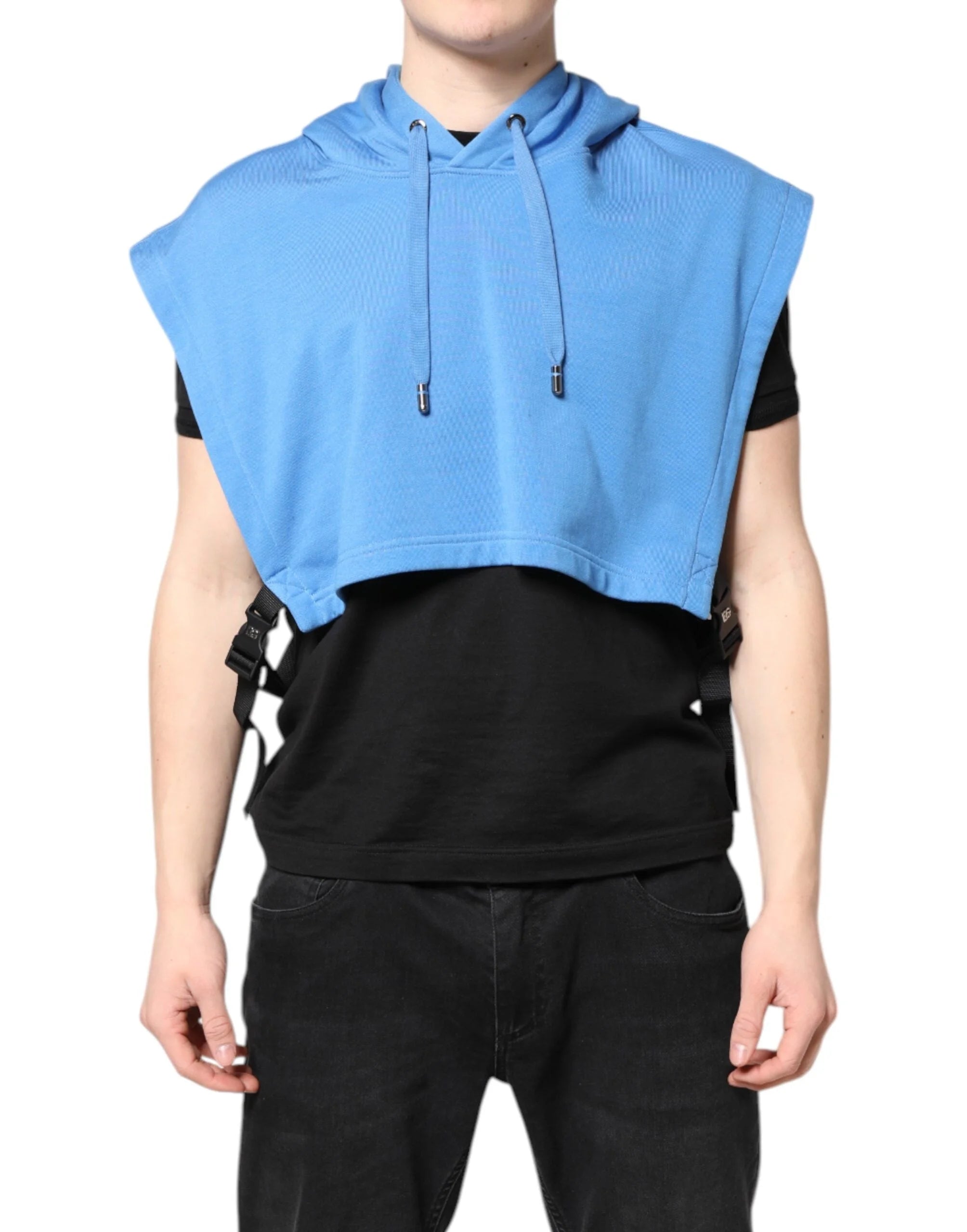 Dolce & Gabbana Blue Cotton Hooded Men Sportswear Vest Sweater - Hoodies