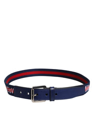 Dolce & Gabbana Blue Cotton Leather Printed Metal Buckle Belt - Belts