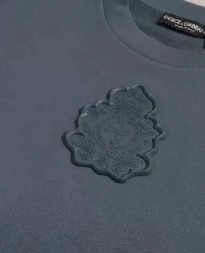 Dolce & Gabbana Blue Cotton Logo Patch Crew Neck Men Pullover Sweater - Sweaters