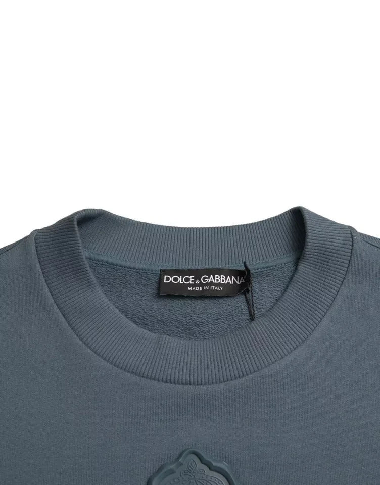 Dolce & Gabbana Blue Cotton Logo Patch Crew Neck Men Pullover Sweater - Sweaters