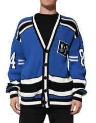 Dolce & Gabbana Blue Cotton Logo Patch Ribbed Knit Cardigan Sweater - L - Cardigans