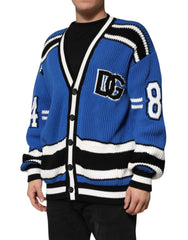 Dolce & Gabbana Blue Cotton Logo Patch Ribbed Knit Cardigan Sweater - L - Cardigans