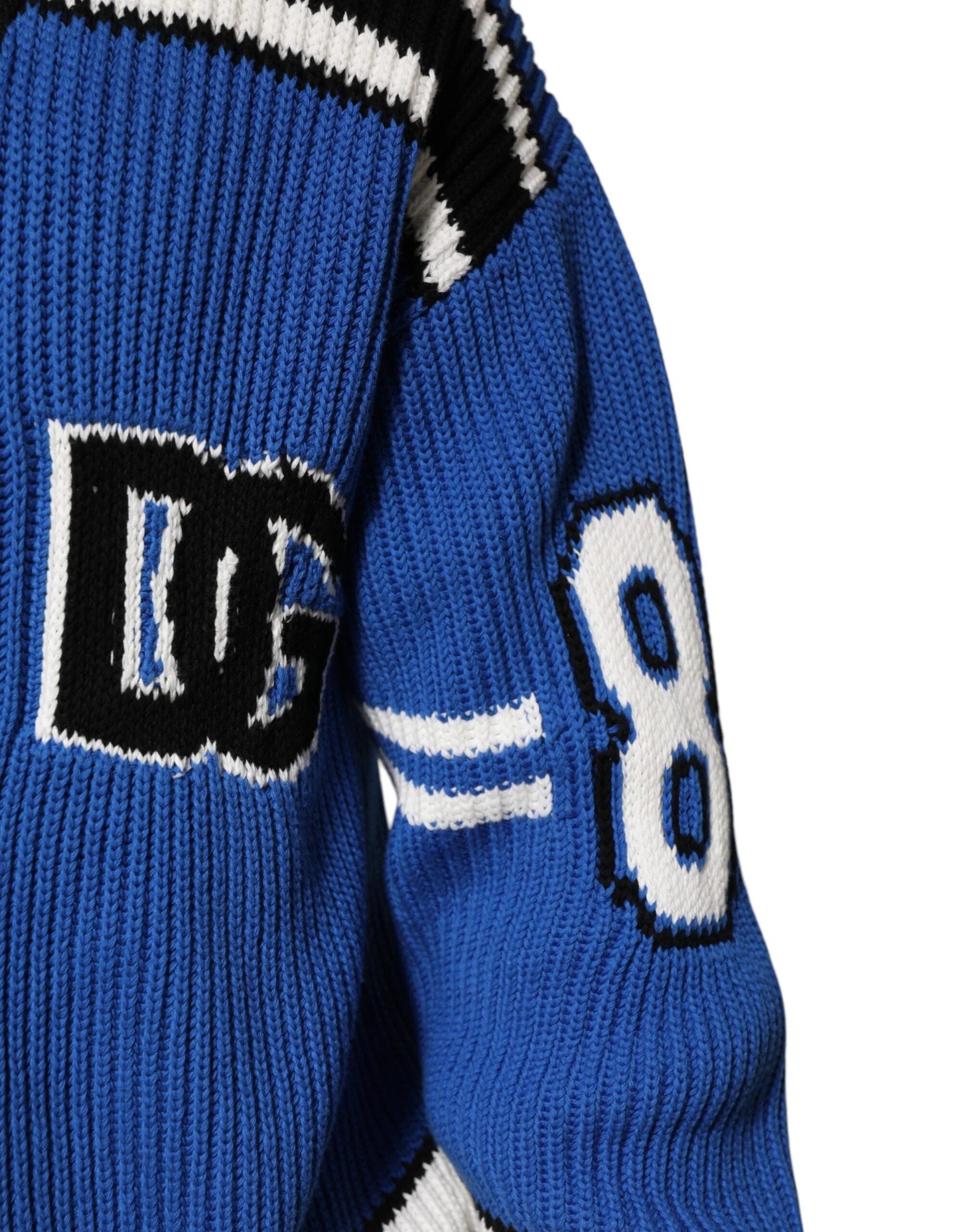 Dolce & Gabbana Blue Cotton Logo Patch Ribbed Knit Cardigan Sweater - L - Cardigans
