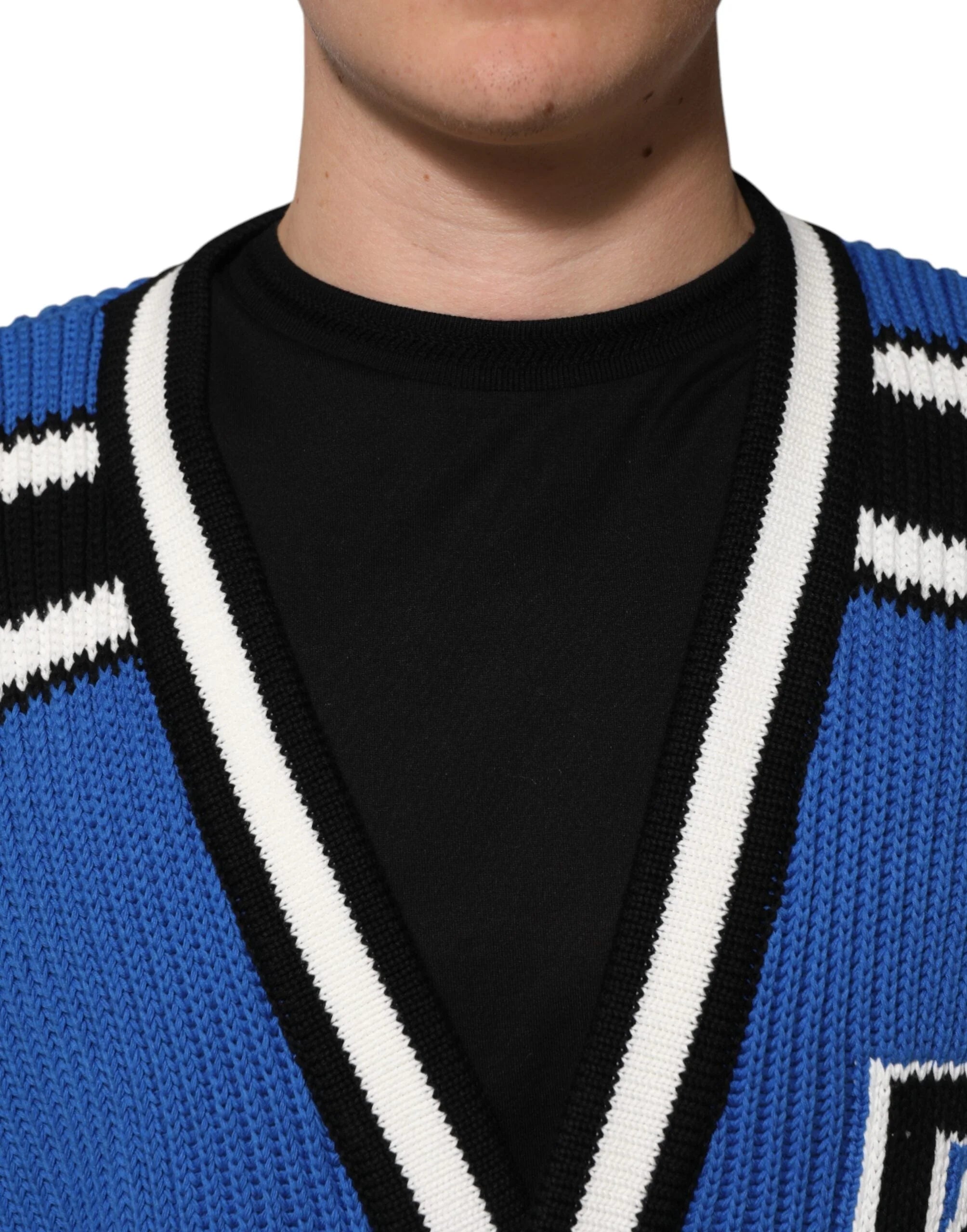 Dolce & Gabbana Blue Cotton Logo Patch Ribbed Knit Cardigan Sweater - L - Cardigans