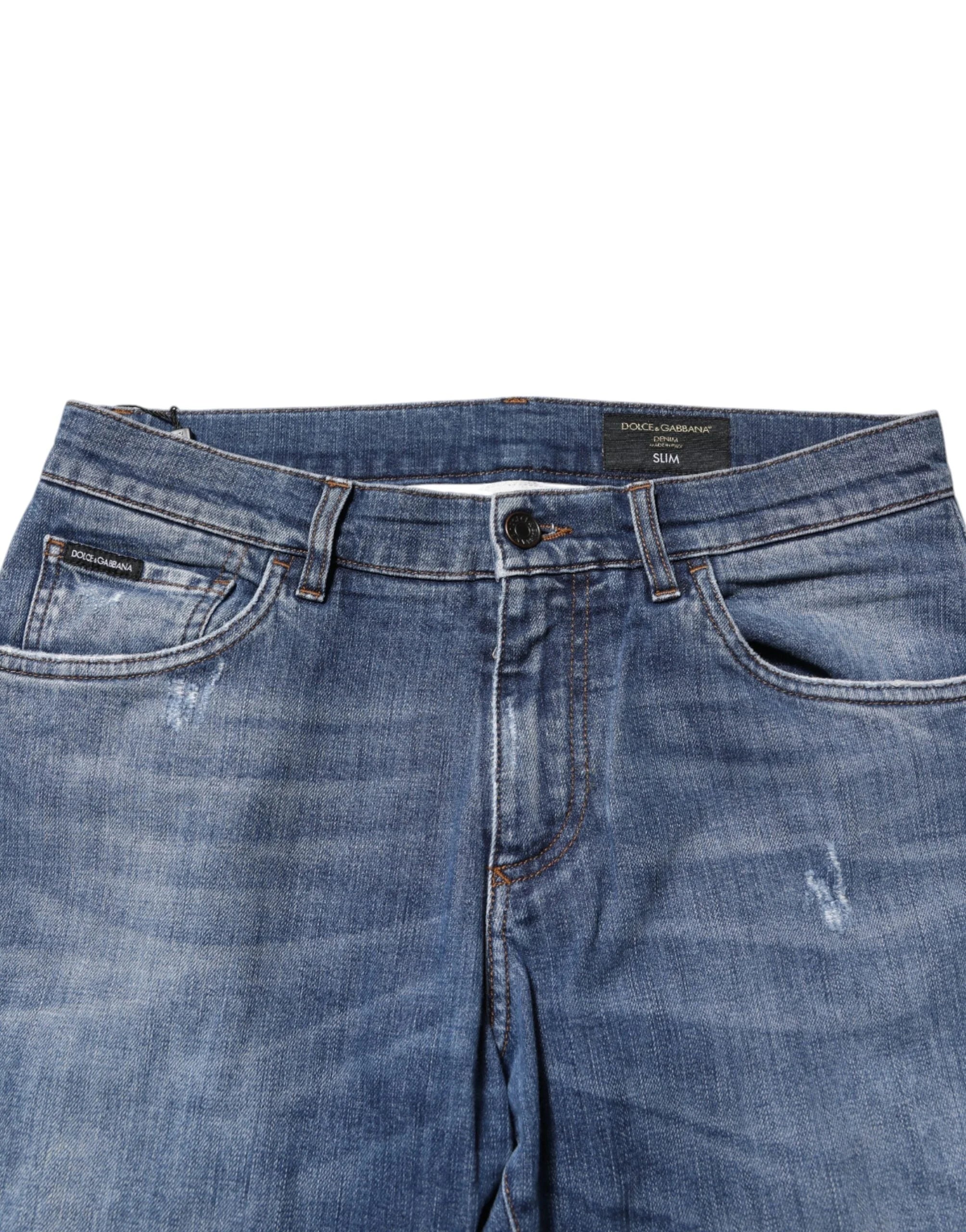 Dolce & Gabbana Blue Cotton Logo Plaque Denim Jeans - IT48 | M
