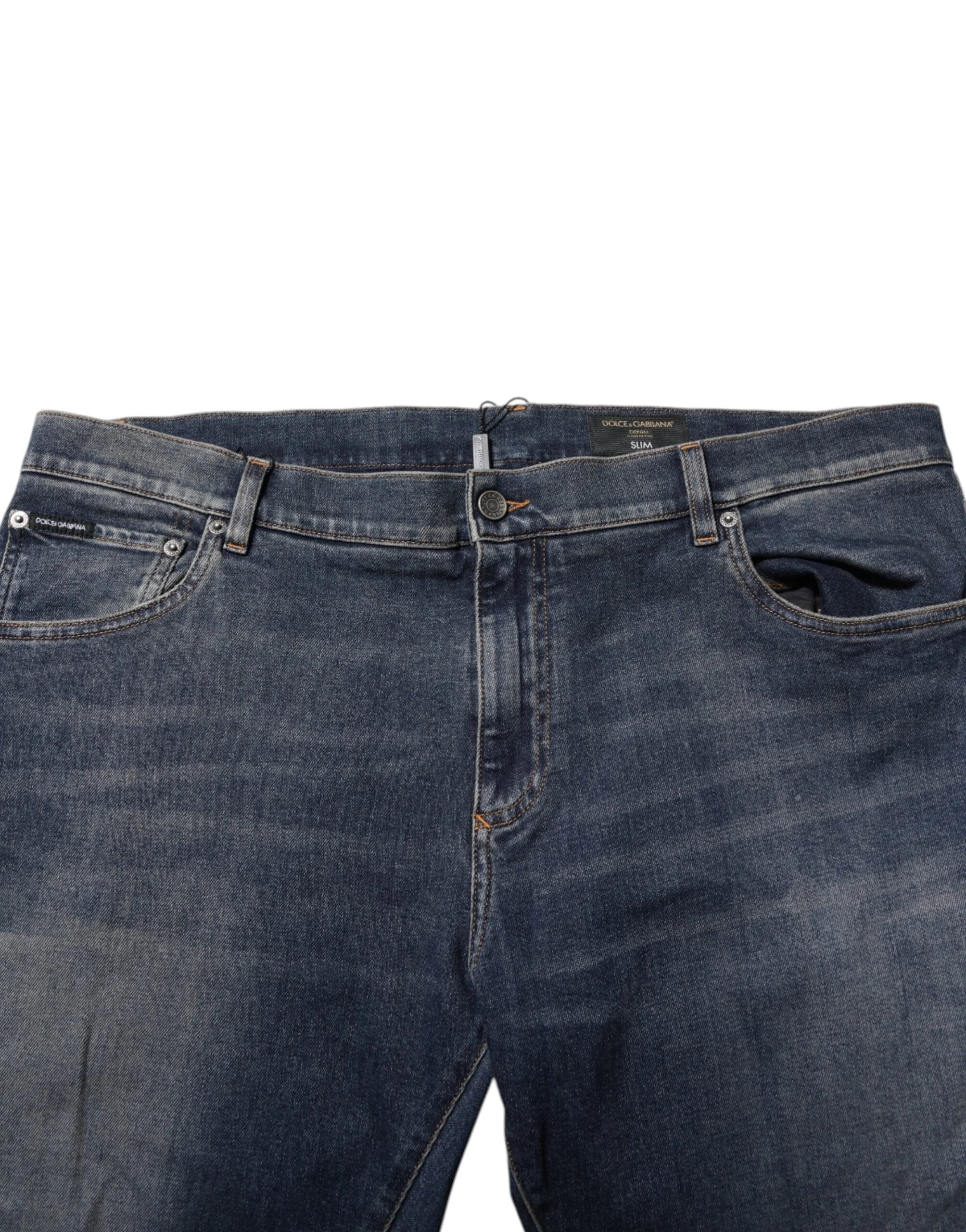 Dolce & Gabbana Blue Cotton Logo Plaque Slim Denim Jeans - IT60 | 3XL